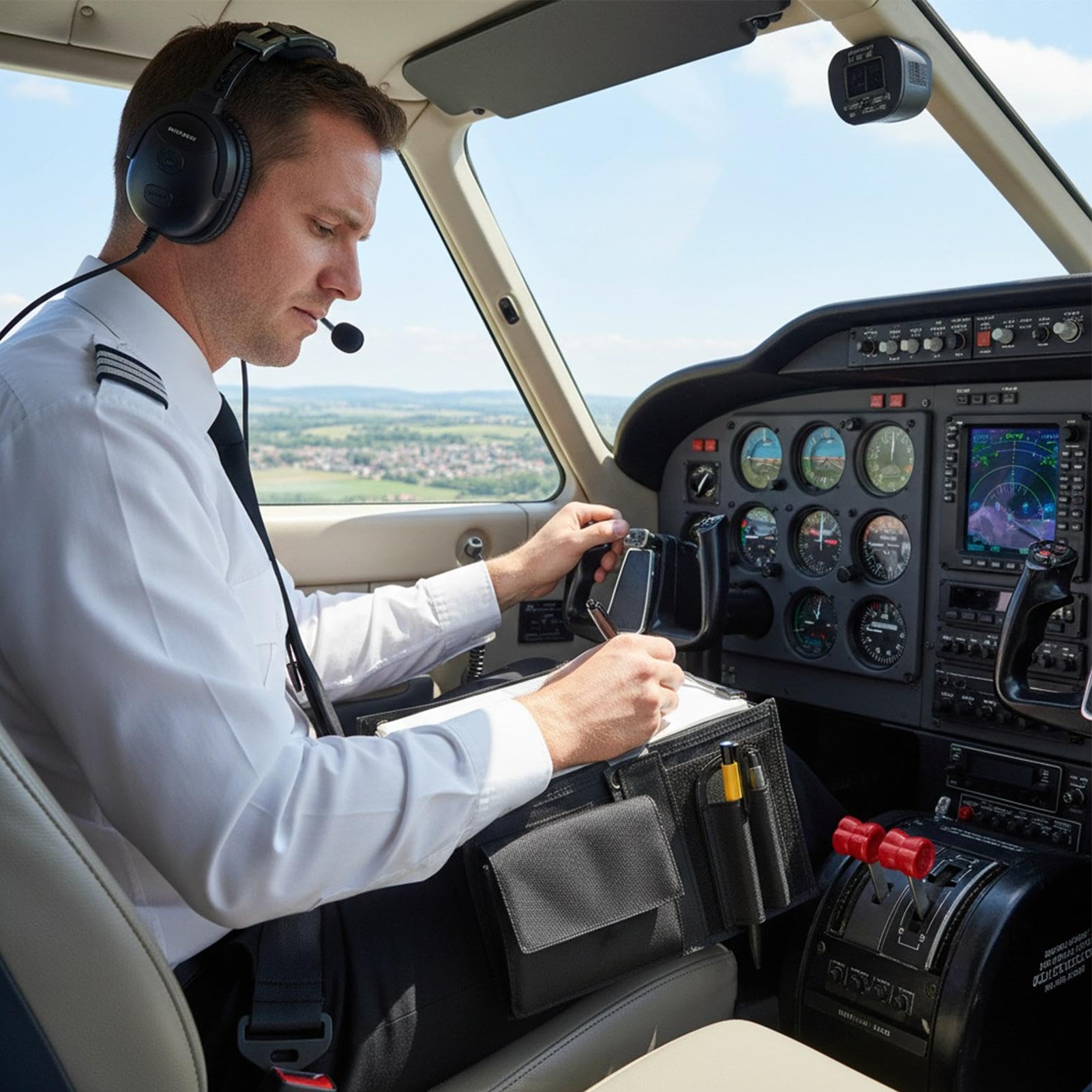 Aviation Pilot - Genouillère avec sangle de jambe - Noir - 7 fentes - Pour le genou - Porte-bloc - 20,5 x 34 cm - Tissu Oxford et polypropylène - Pour manuels, graphiques, cartes, documents