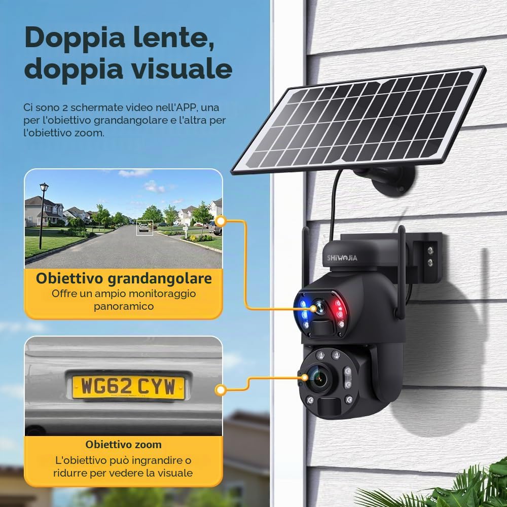 SHIWOJIA Telecamera con Sim 4G da Esterno 50X Zoom 360° PTZ Telecamera da Esterno 4G con Doppia Lente, Visione Notturna a Colori, PIR Rilevamento Intelligente