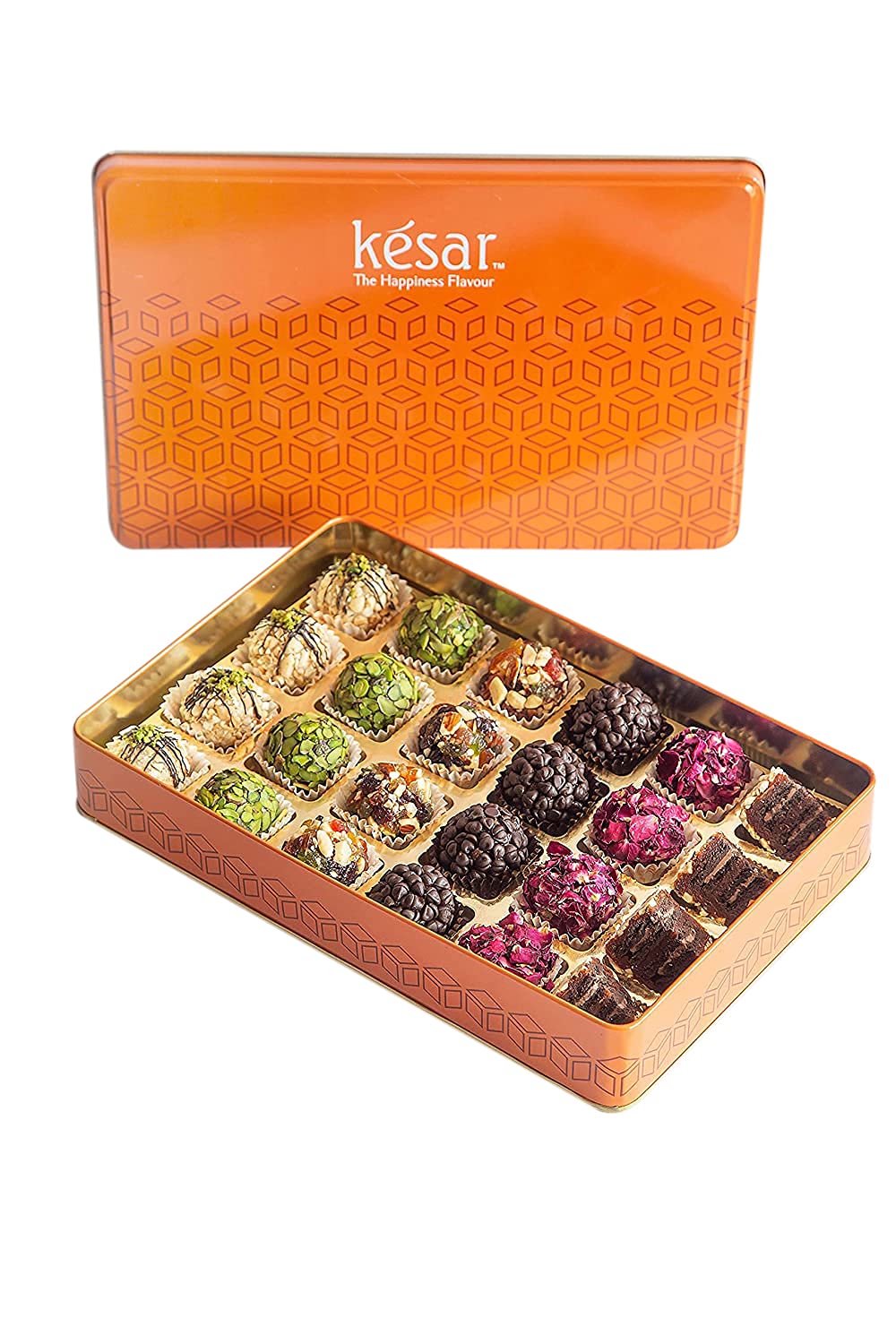 Dessert Drama by Kesar Sweets | Premium Sweets Hamper for Family -24 Piece Box (650 gm) � Rose Petal Laddu, Pista Ladoo, Khajoor Cake, Choco Chip Laddoo, Hazel Nut Ladoo, Very Berry Delight | Ladoo Sweets Gift Hamper for Family & Friends | Corporate Gifts for Staff