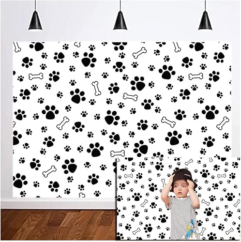 MAQTT Telón de fondo negro con estampado de pata de cachorro para baby shower, fondo de fotos de hueso blanco, suministros de fiesta de cumpleaños