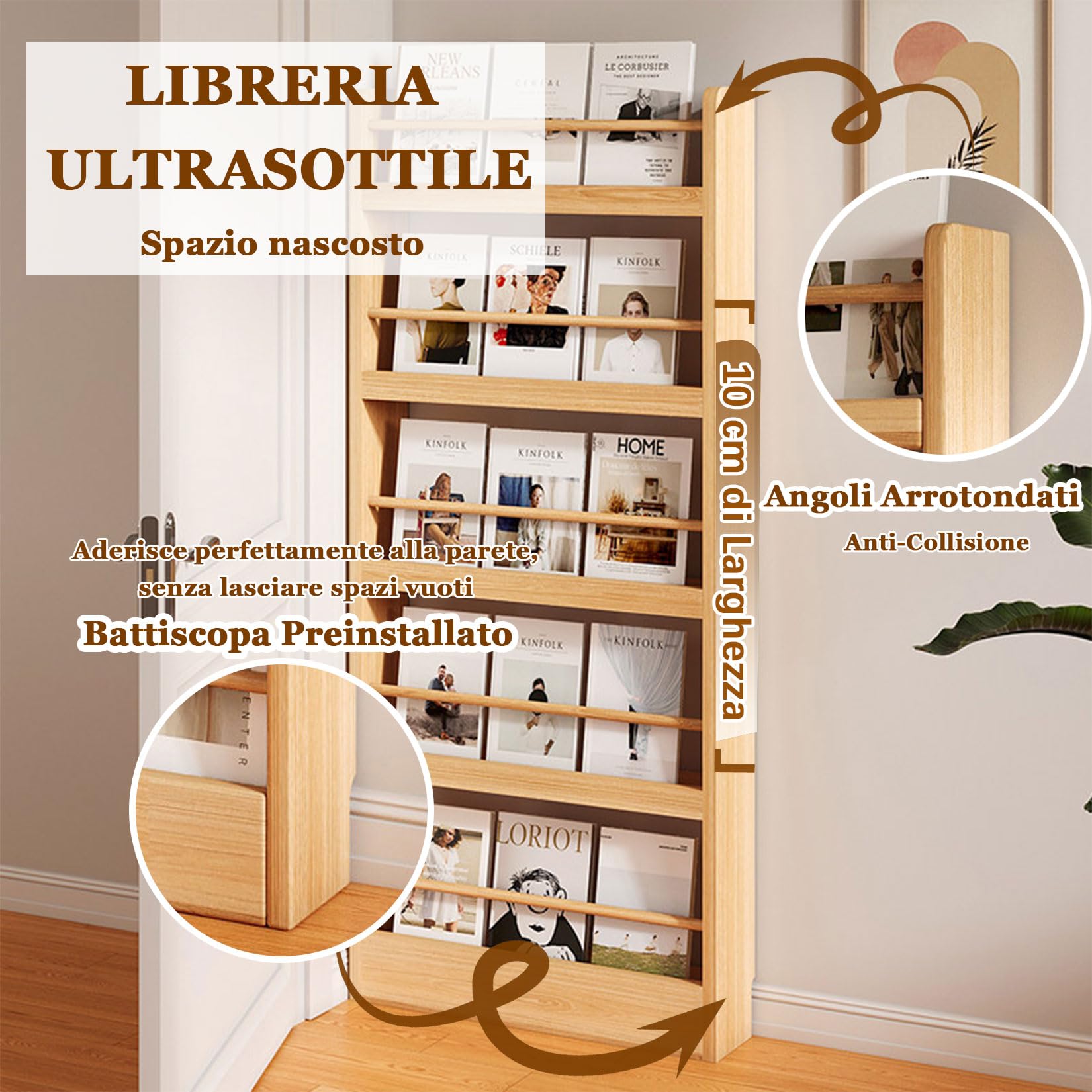 Scaffale Organizzatore in Legno Massiccio Stretto,Scaffale Dietro la Porta,Libreria sottile e stretta,Libreria Bambini da Parete,grande capacità di archiviazione,for soggiorno,armadio