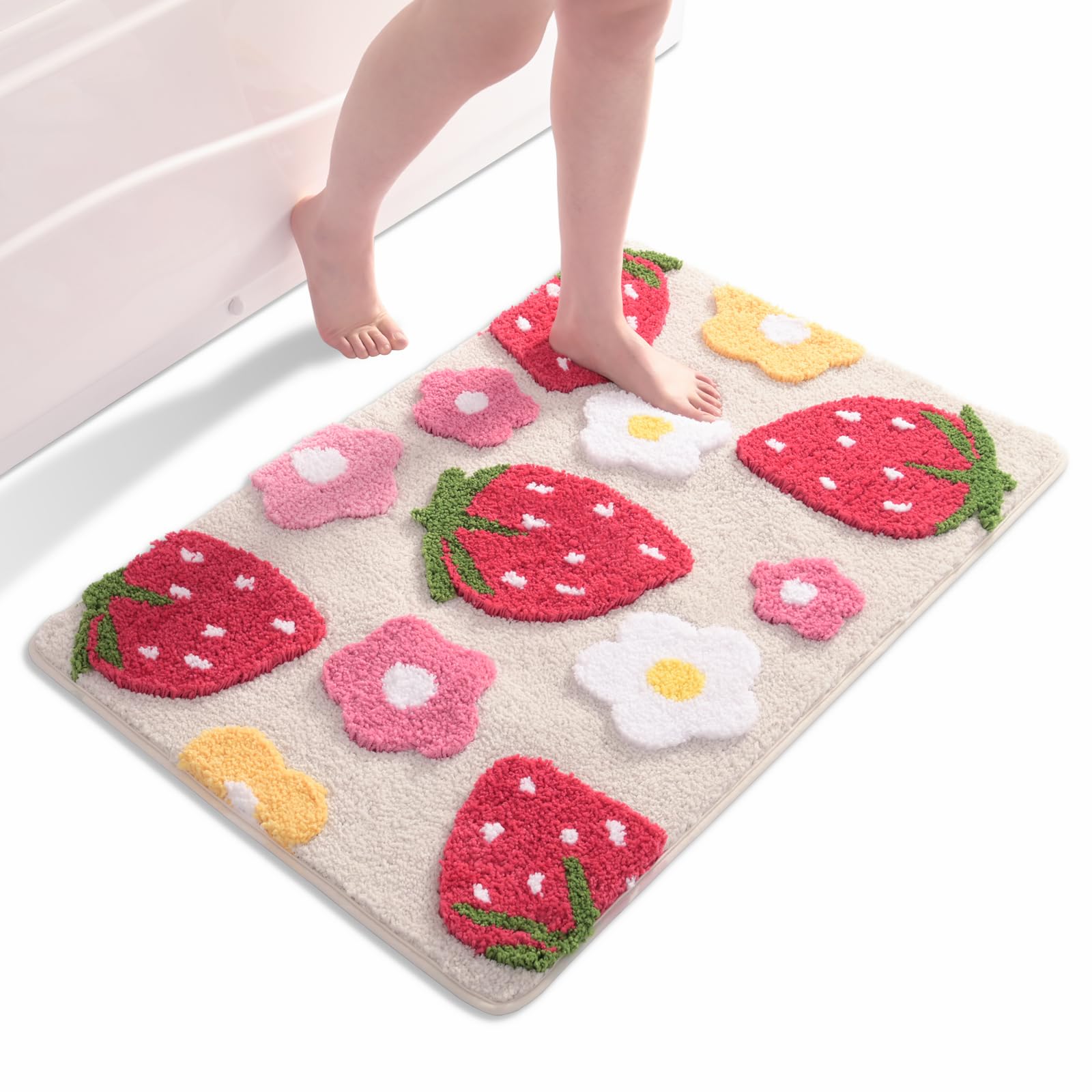 Anybar Beige Bathroom Rugs Cute Strawberry Flower Bath Mat Bathroom Accessories, Funny Colorful Non Slip Floor Bath Rug Machine Washable Bathmat Soft Microfiber Carpet for Shower, Bathtub (24x36 in)