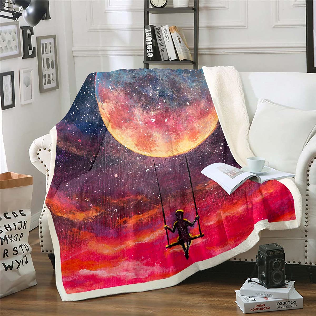 Couverture sherpa galaxy anti-froid pour canape et lit motif rose de qualite