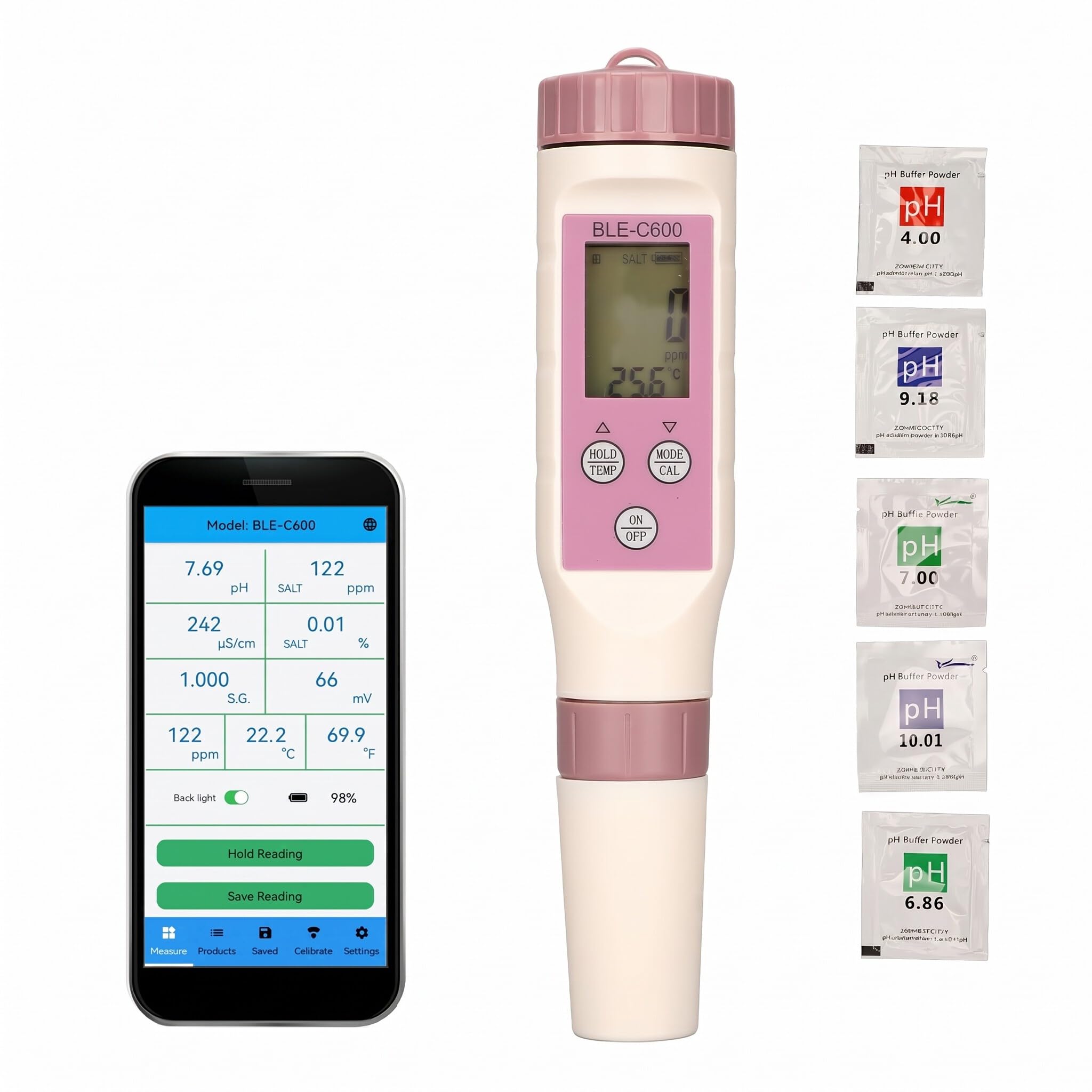 Zunate PH-mètre Numérique, 7 en 1 Bluetooth PH, TDS, EC, ORP, SG, Stylo Testeur de Salinité et de Température 0,01 Haute Précision pour la Consommation Domestique, la Culture Hydroponique