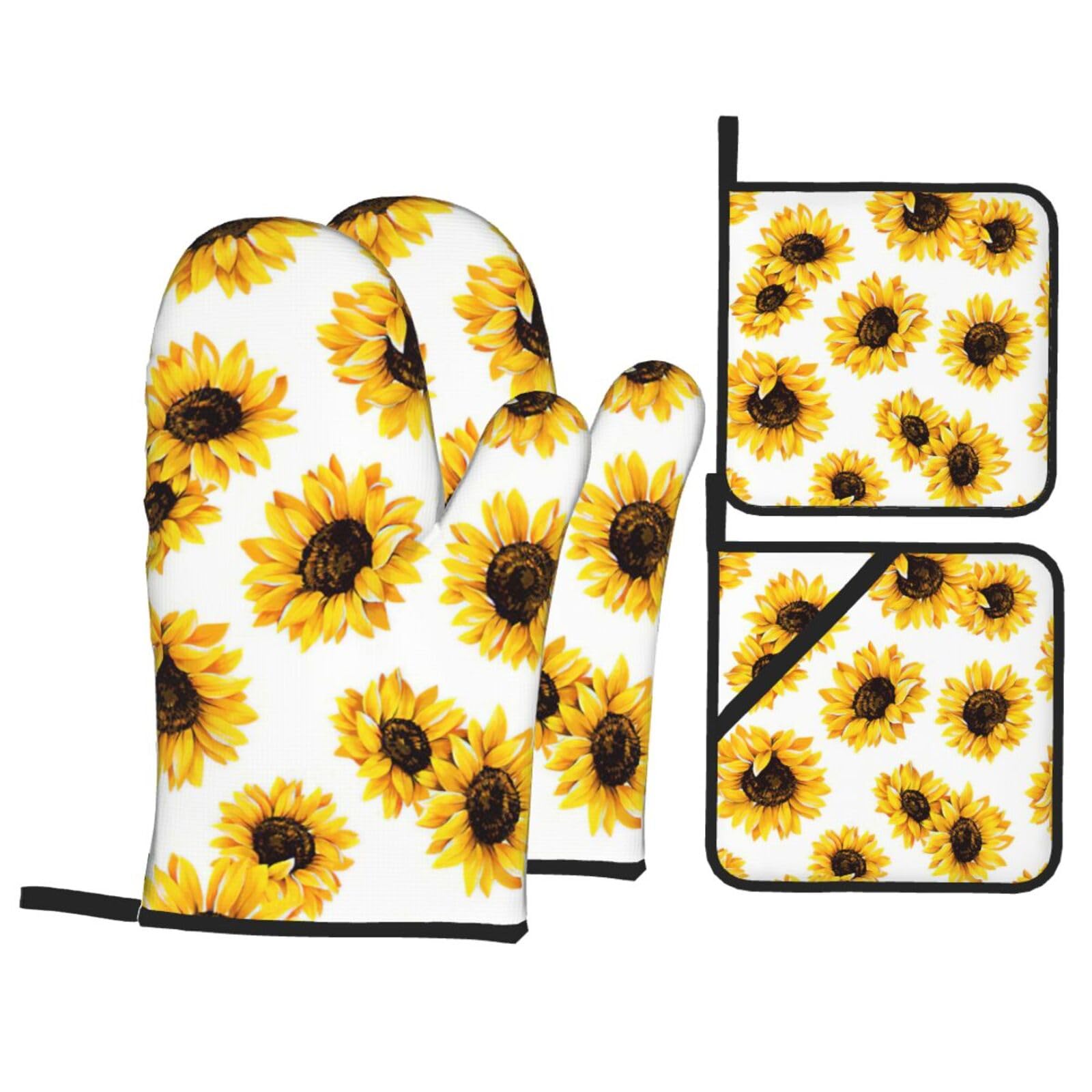 sunflower Print 4-Piece Oven Microwaving Set Waterproof Kitchen Gloves for Baking Grilling Cooking