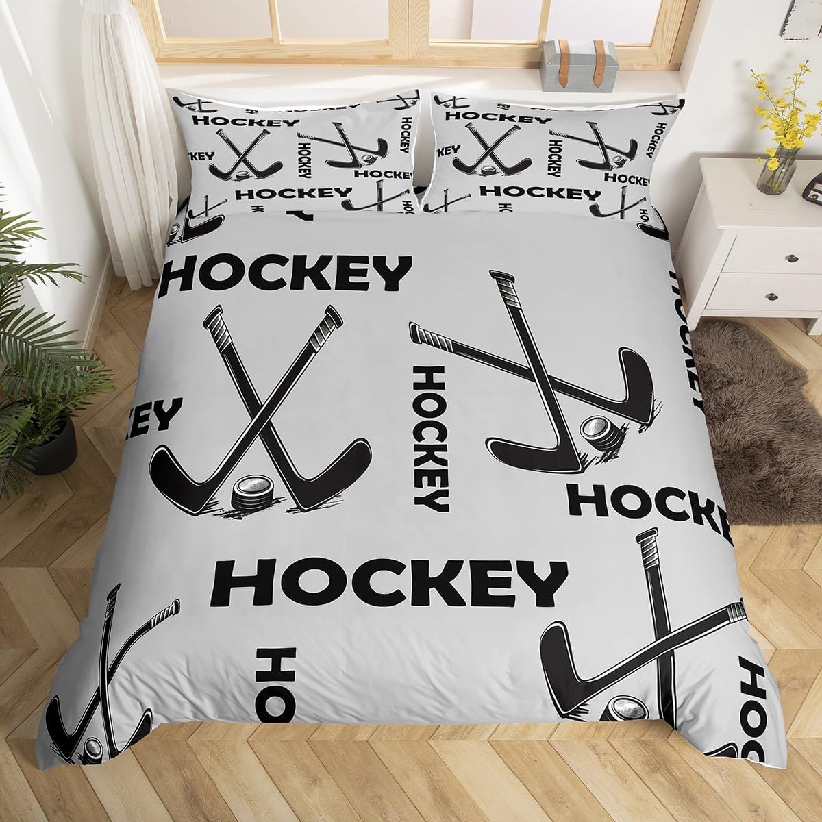 Poszewka na kołdrę 105/120 Hokej na lodzie 3D szara poszwa na kołdrę 180 x 220 cm, lekka i wygodna pościel z mikrofibry z zamkiem błyskawicznym i 2 poszewkami na poduszki łatwa w pielęgnacji M/7417
