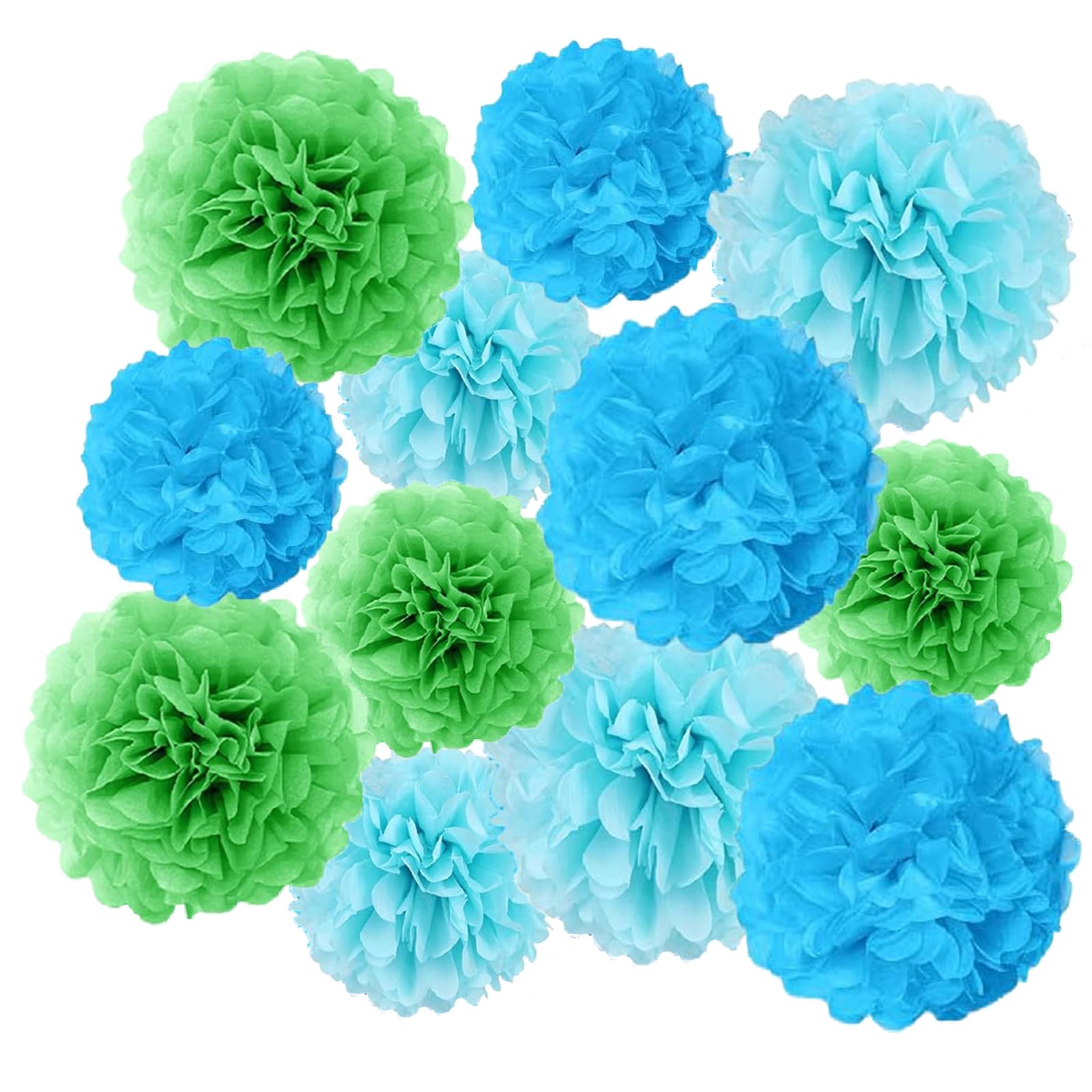 Ainmto 12pcs Blue Light Blue and green Paper Pom Poms Decorations for Party Ceiling Wall Hanging Tissue Flowers Decorations
