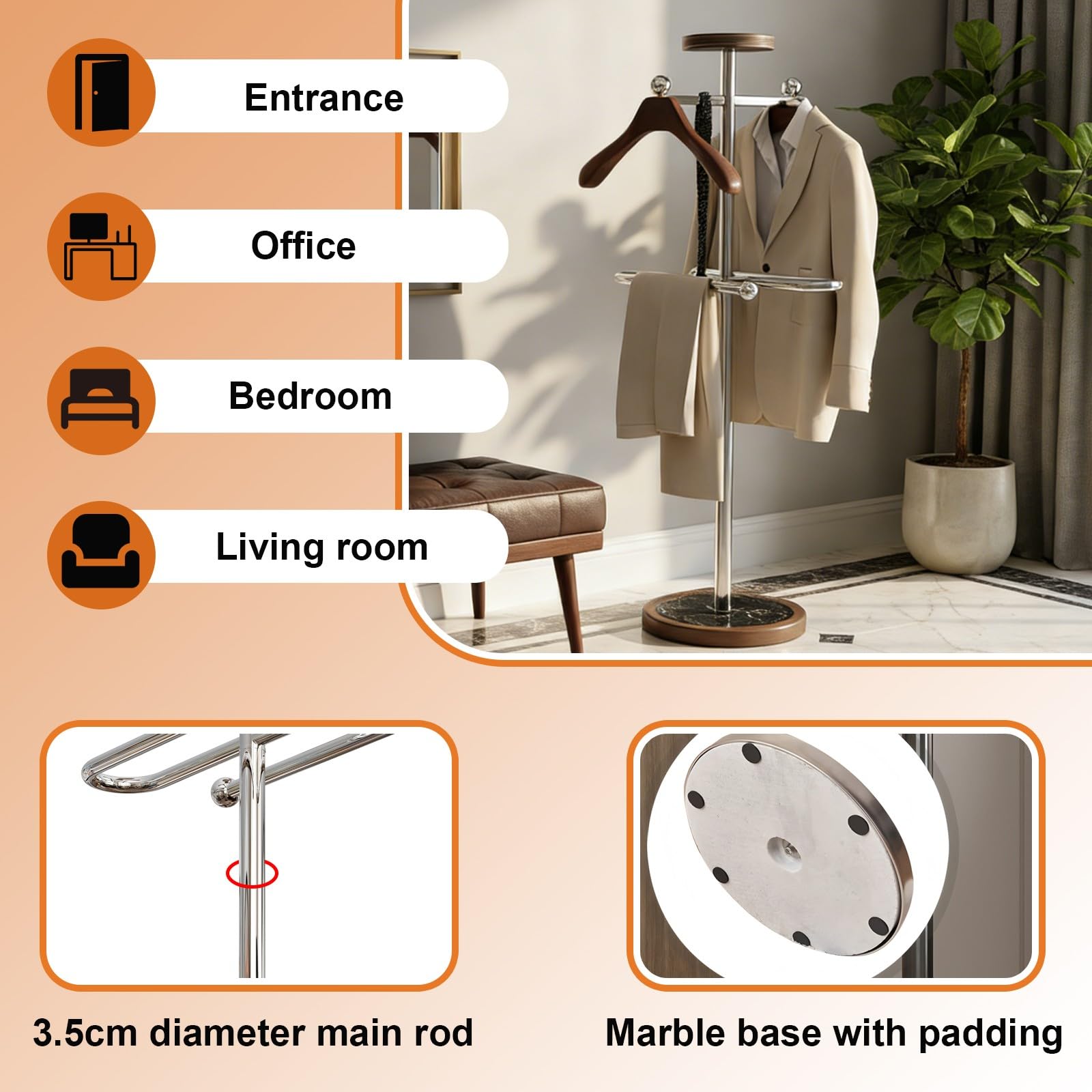 Servomuto autoportante con vassoio, appendiabiti in legno, barra per pantaloni, organizer per vestiti per camera da letto, ingresso, ufficio, elegante soluzione di archiviazione
