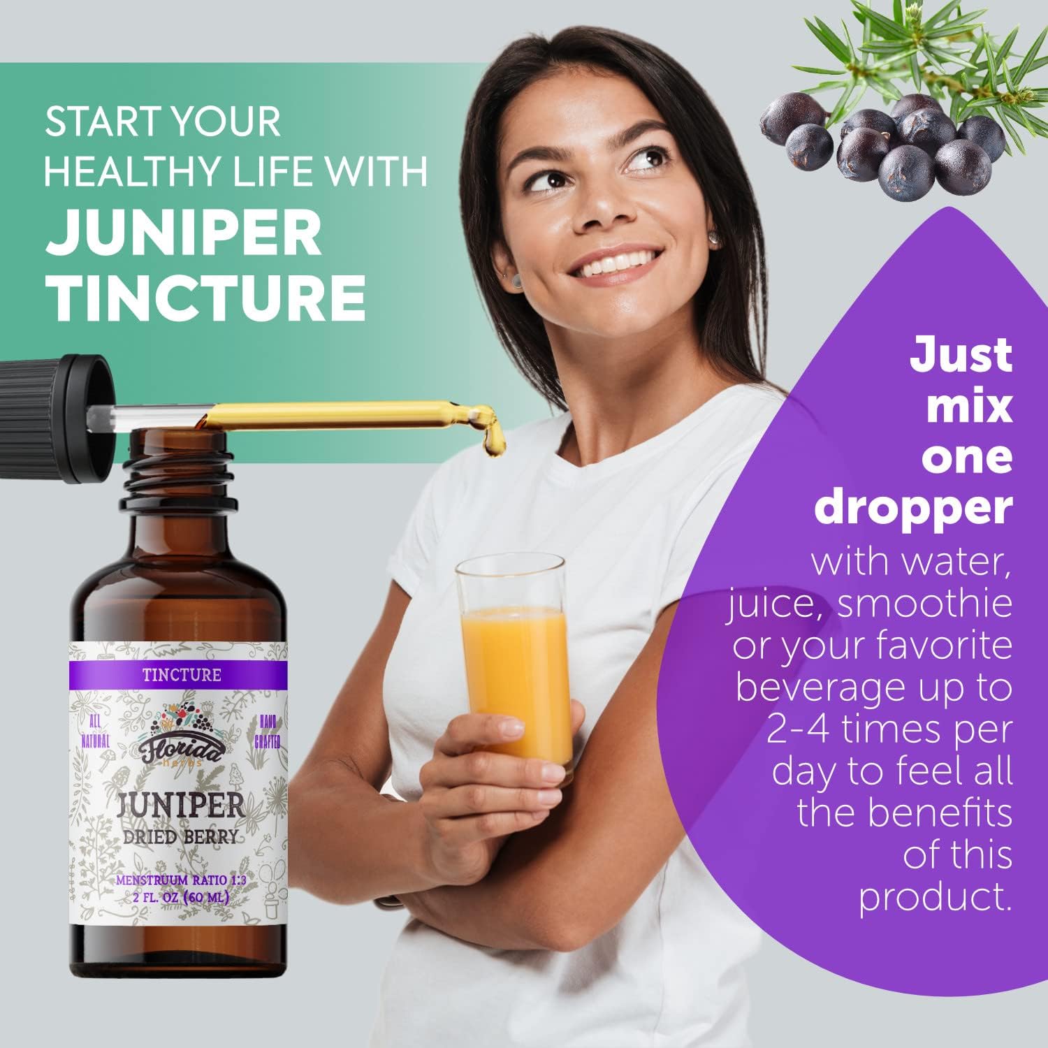 Juniper Tincture Alcohol-Free, Organic Juniper Berry Extract (Juniperus communis) - Non-GMO in Cold-Pressed Organic Vegetable Glycerin - 2 oz