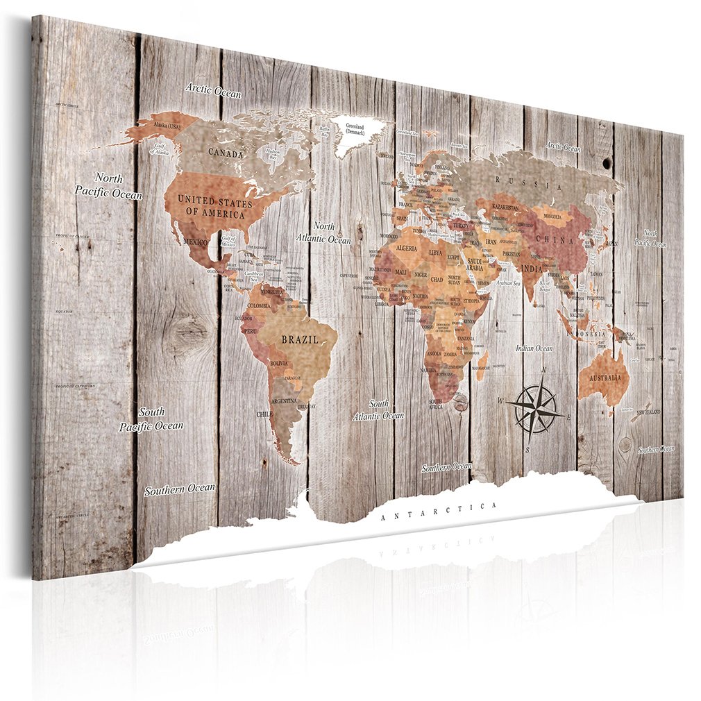decomonkey Canvas World Map Pin Board with 50 pins - 35.4" x 23.6" / 90x60 cm Fibreboard on a Light Brown Background Push pin Travel map Wall Art - English Lettering - Traveler's Bedroom Office Gift โ image 1