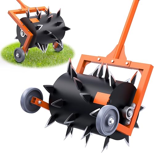Rolling Lawn Aerator Grass Aerator, Steel Spike Roller Aerators Push Manual Lawn Aerators Machine, Rotary Aeration Tool for Lawns Soil Aerating, Aerator Lawn Tool for Garden Yard Turf Care - Orange
