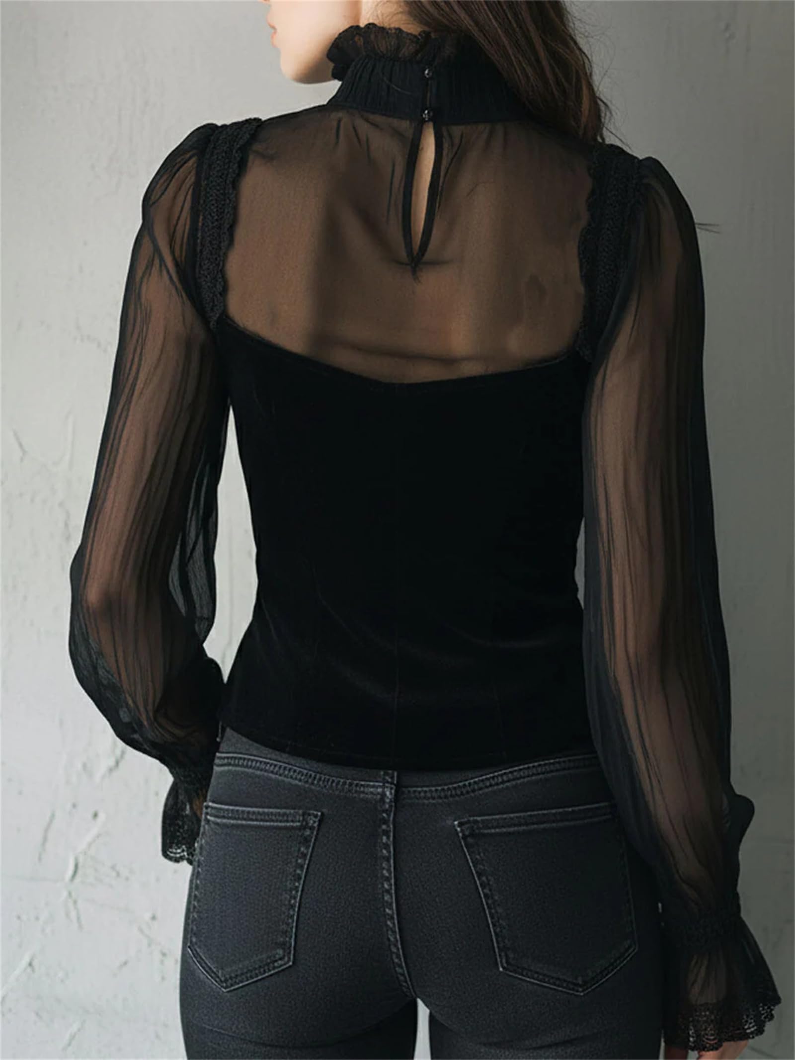 Camicetta da donna in velluto a collo alto in pizzo, camicetta vintage a maniche lunghe con volant, camicetta elegante casual