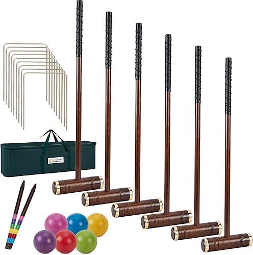 Juego de croquet para seis jugadores, juego de croquet de 35 pulgadas con mazos de madera de primera calidad, bolas de colores, mechones, estacas,