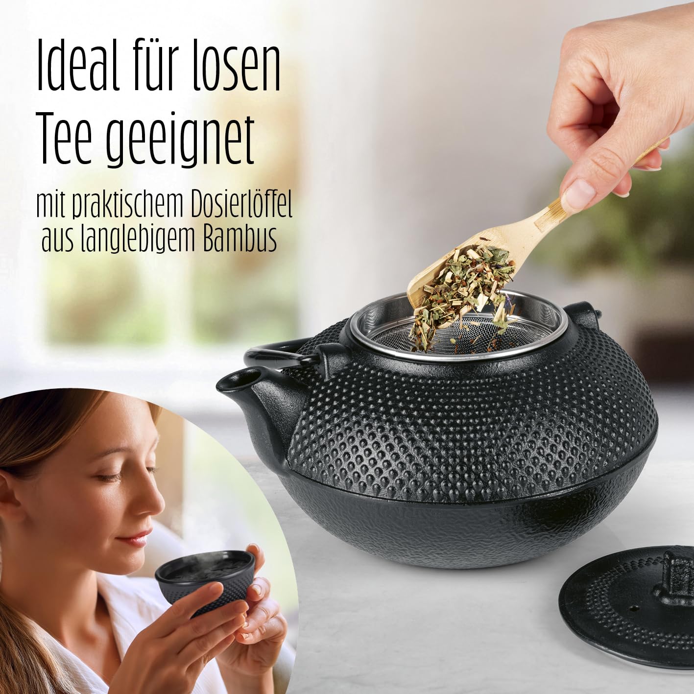 Lumaland Tee Kanne im Asia Hobnail Design | 1 x gusseiserne Teekanne (1,4 Liter) 1x Bambus Dosierlöffel 1 x Edelstahlsieb
