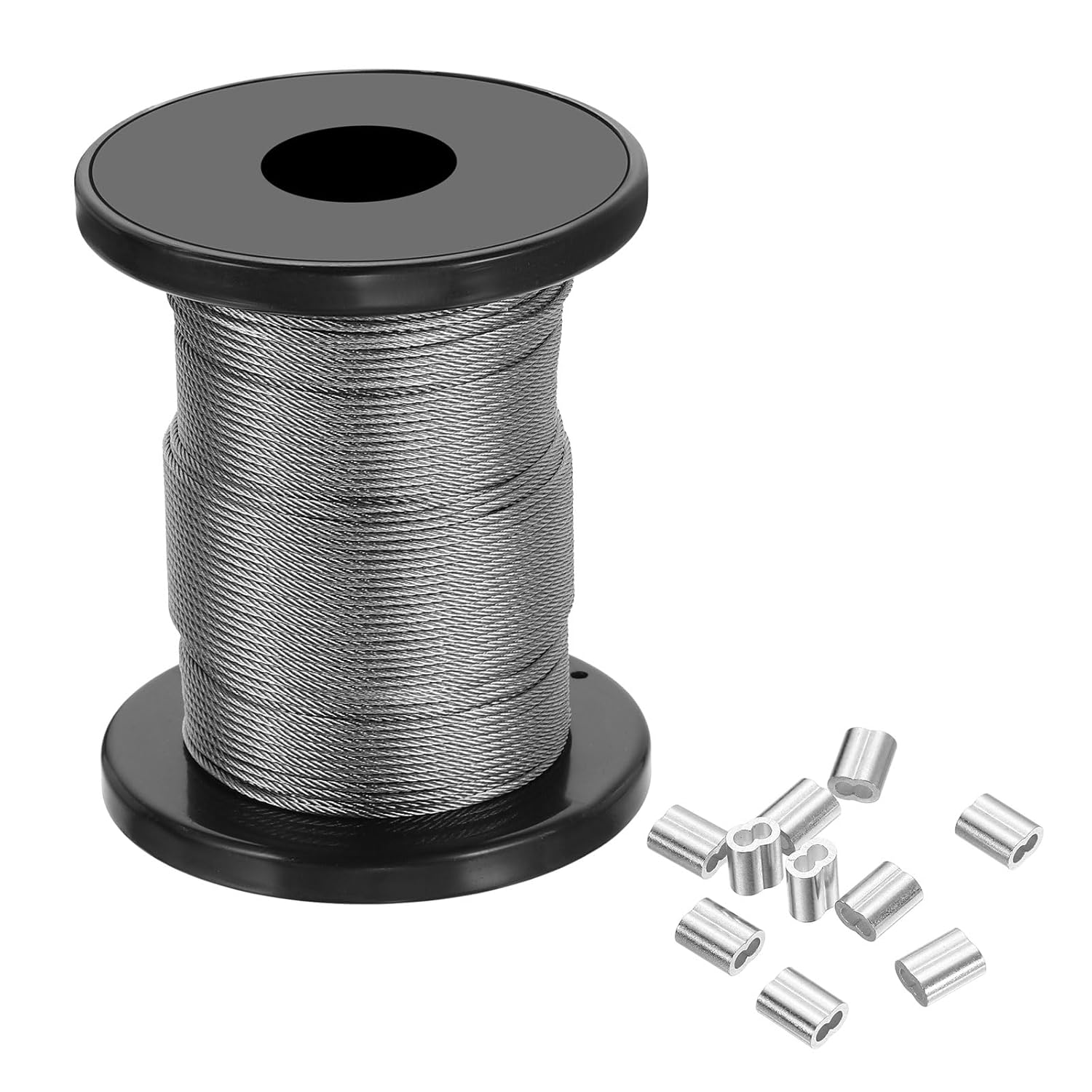 PATIKIL 3/64" Wire Rope, 98 ft 304 Stainless Steel Bright Aircraft Cable Wire Rope with 25pcs Crimping Sleeves for Hanging Lights Clotheslines Trellis, Silver