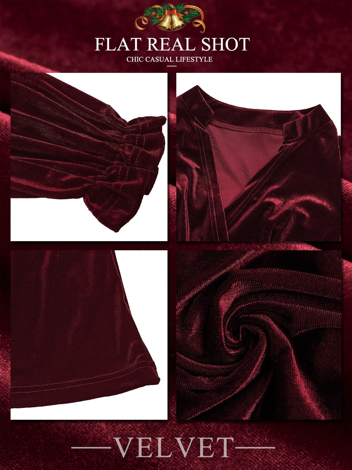 Wowcarbazole Abito da donna in velluto con scollo a V, vita imperiale, maniche lunghe, inverno, vacanze, feste, tunica, mini abito