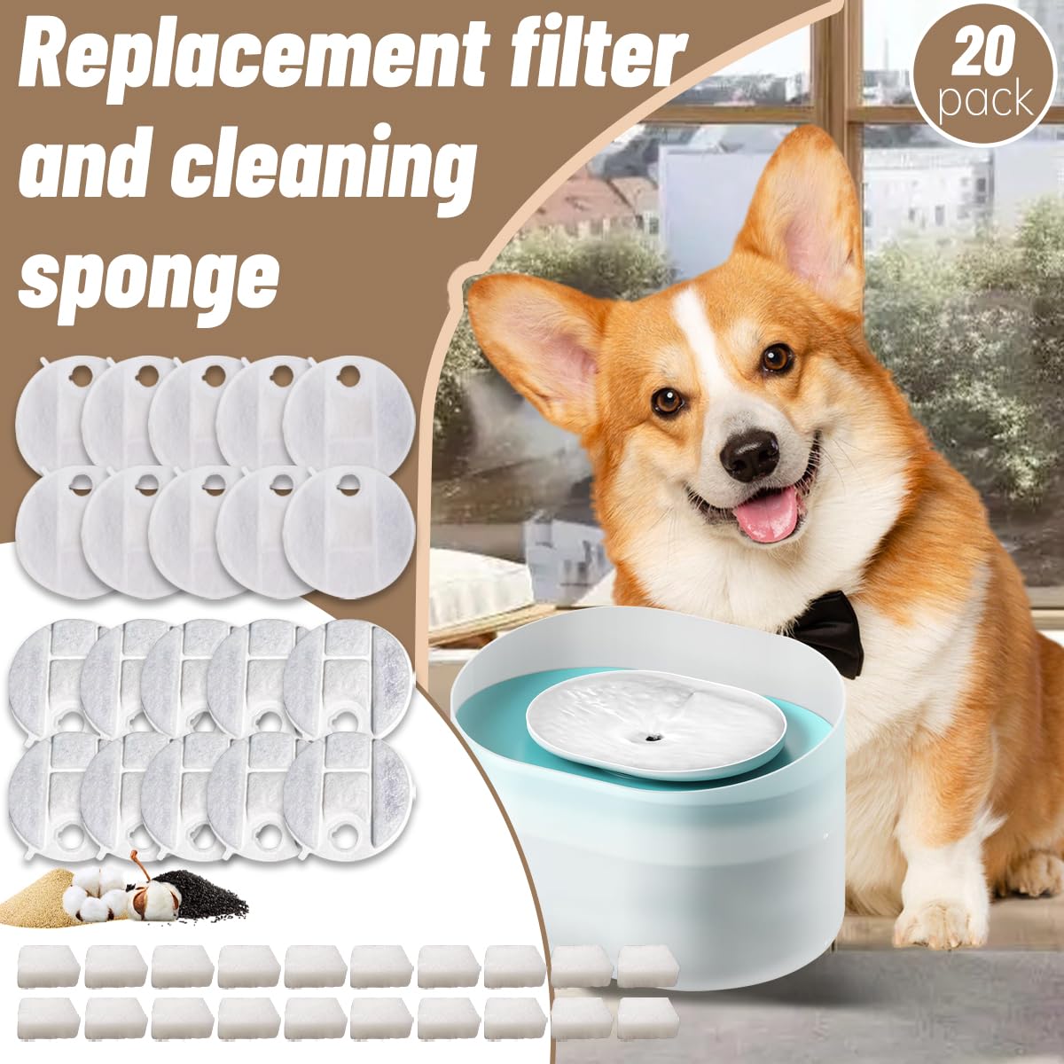 Ersatzfilter, kompatibel mit Petlibro-Kapsel-Wasserbrunnen PLWF008 (20 Aktivkohlefilter + 20 Schwamm), 20 Stück