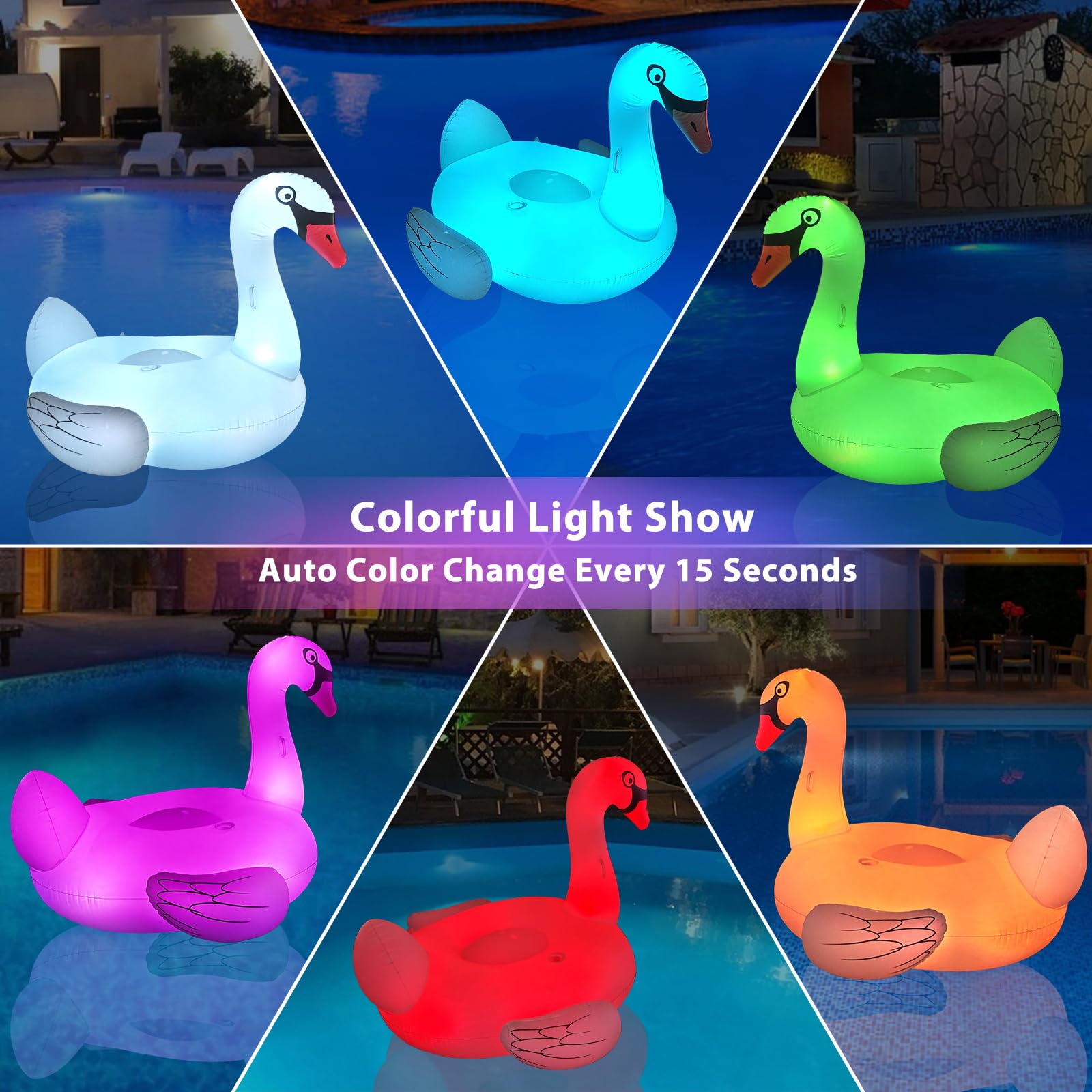 Flotteurs gonflables en forme de cygne avec lumières LED solaires pour adultes, bouées de natation gonflables, porte-gobelet, flotteurs de plage, lac, décoration de fête, relaxation, blanc