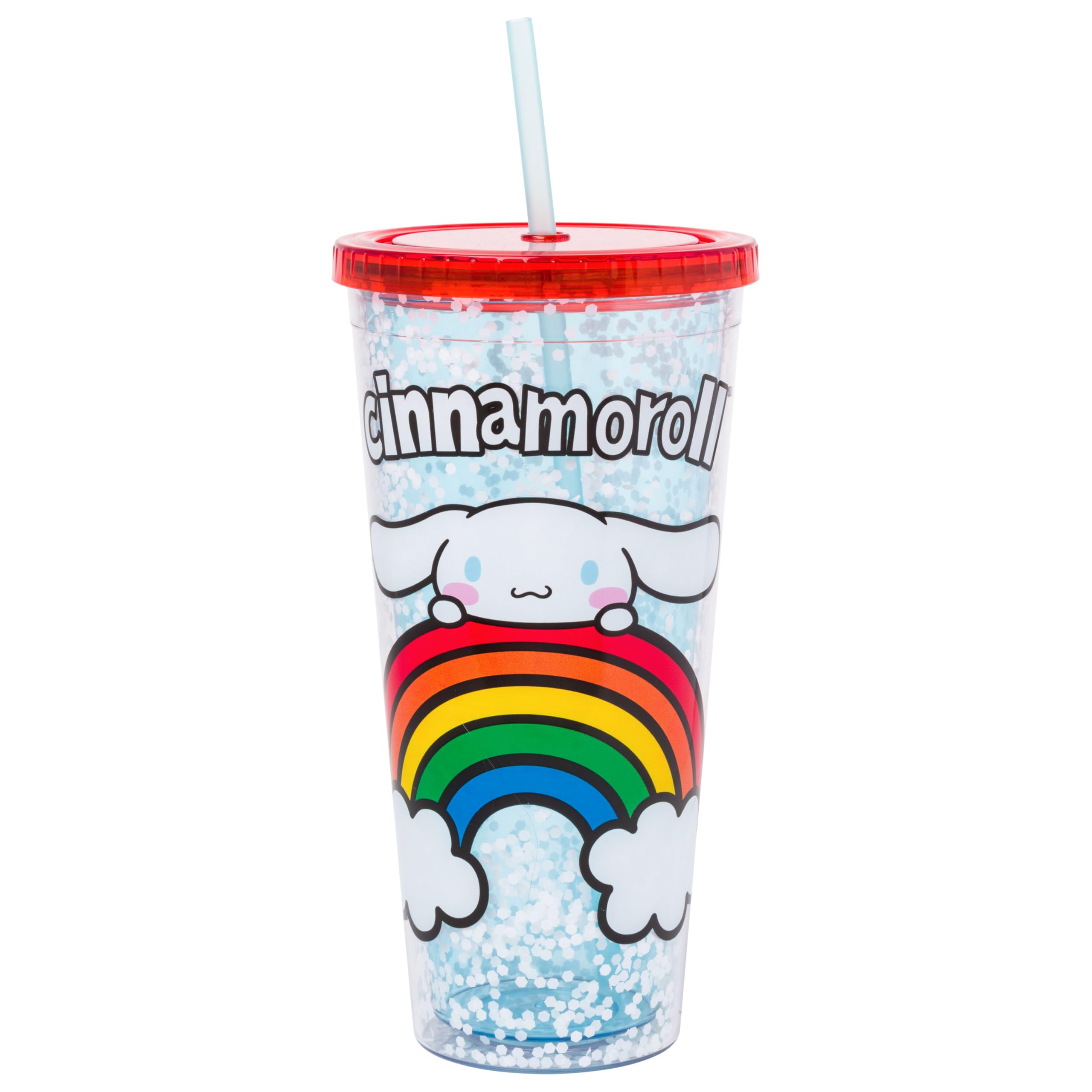 Silver Buffalo Sanrio Hello Kitty and Friends Cinnamoroll Rainbow Kunststoff-Konfetti-Becher mit Deckel und Strohhalm, 907 ml
