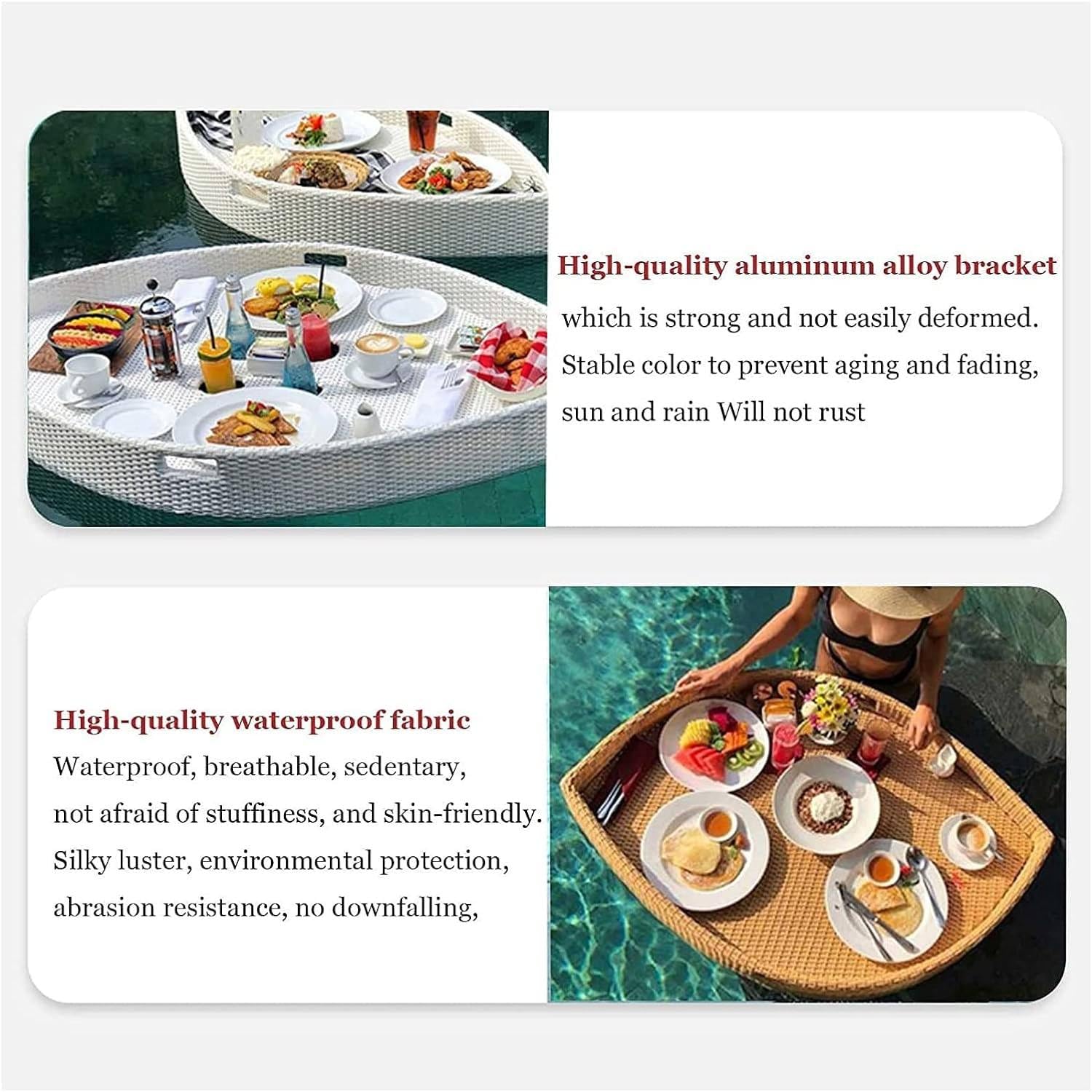 Bandeja de desayuno flotante tejida de ratán para piscina, bandeja de servir con base pesada, soporte para bebidas para barra de arena, fiestas, brunch al aire libre