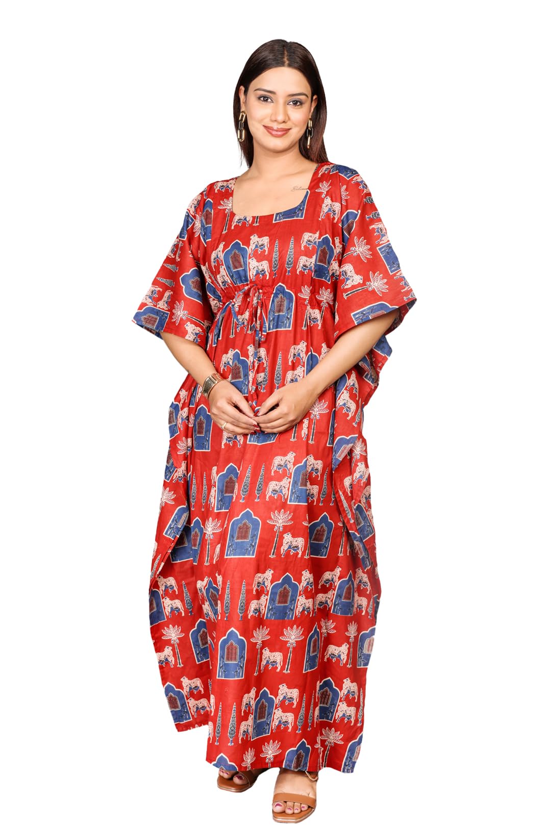 Cotton Maternity Kaftan Nighty/Pregnancy Dress Red-image-11