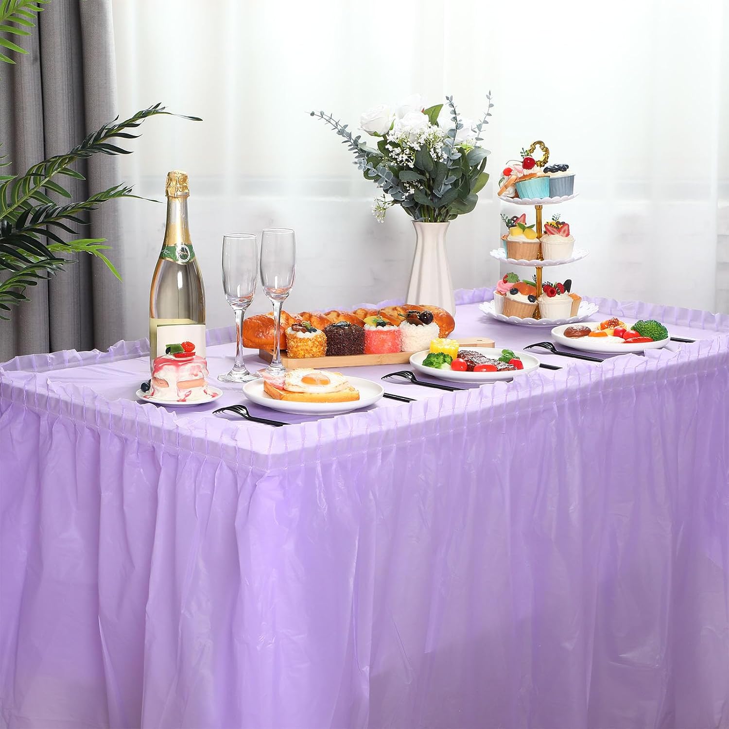 Oudain 6 Pcs Plastic Table Skirts and Stainproof Table Cloths 54 x 108 in Plastic Ruffle Tablecloth 168 x 29 Inches Disposable for Wedding Baby Shower Valentine Spring Easter Party(Purple)