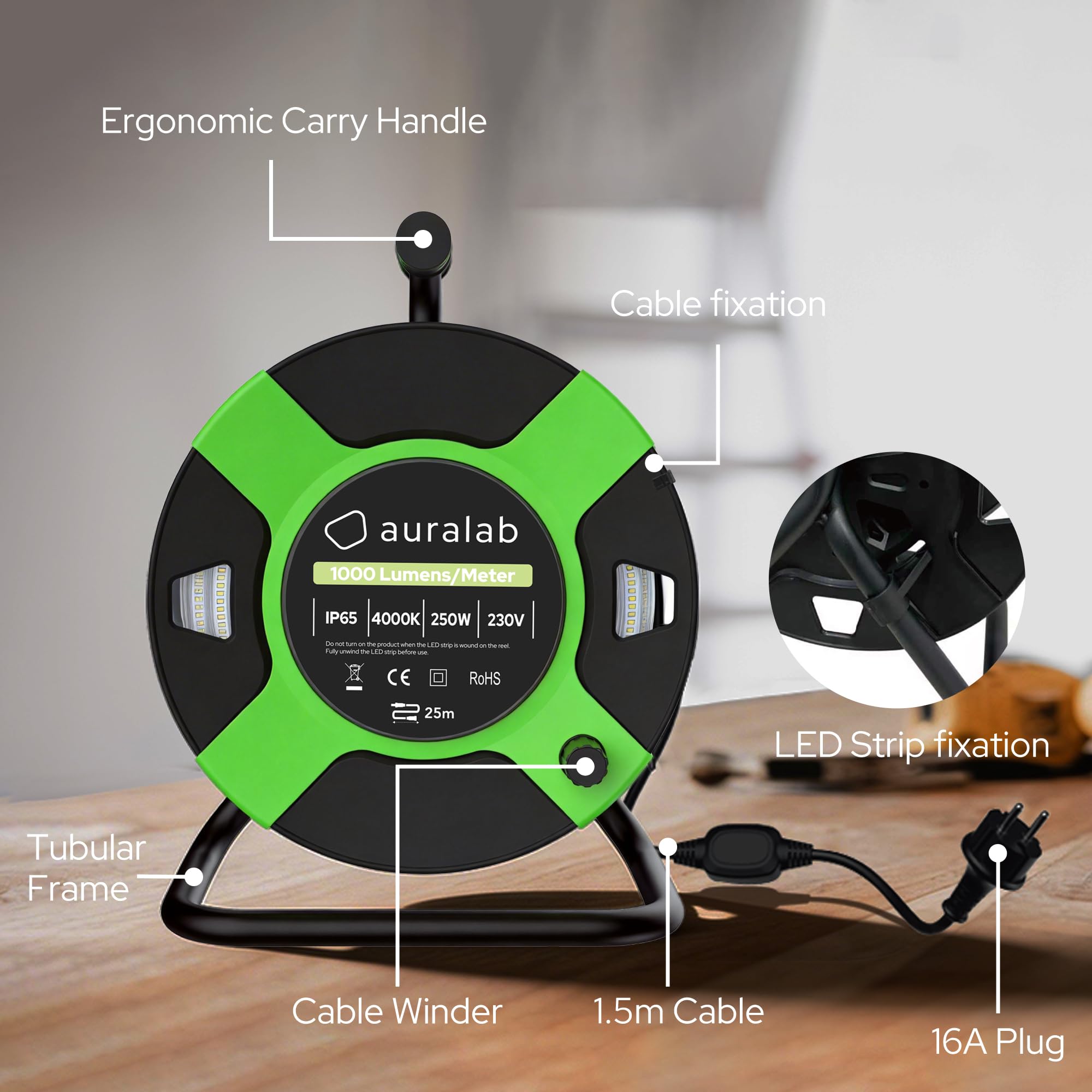 auralab Tira LED de Obra AC 25m con Enrollador, 25000LM 4000K, IP65 Iluminación Temporal, Conectable 100m, Cable 1.5m con Enchufe 16A, 10 Ganchos y 10 Correas, Construcción Camping Reforma