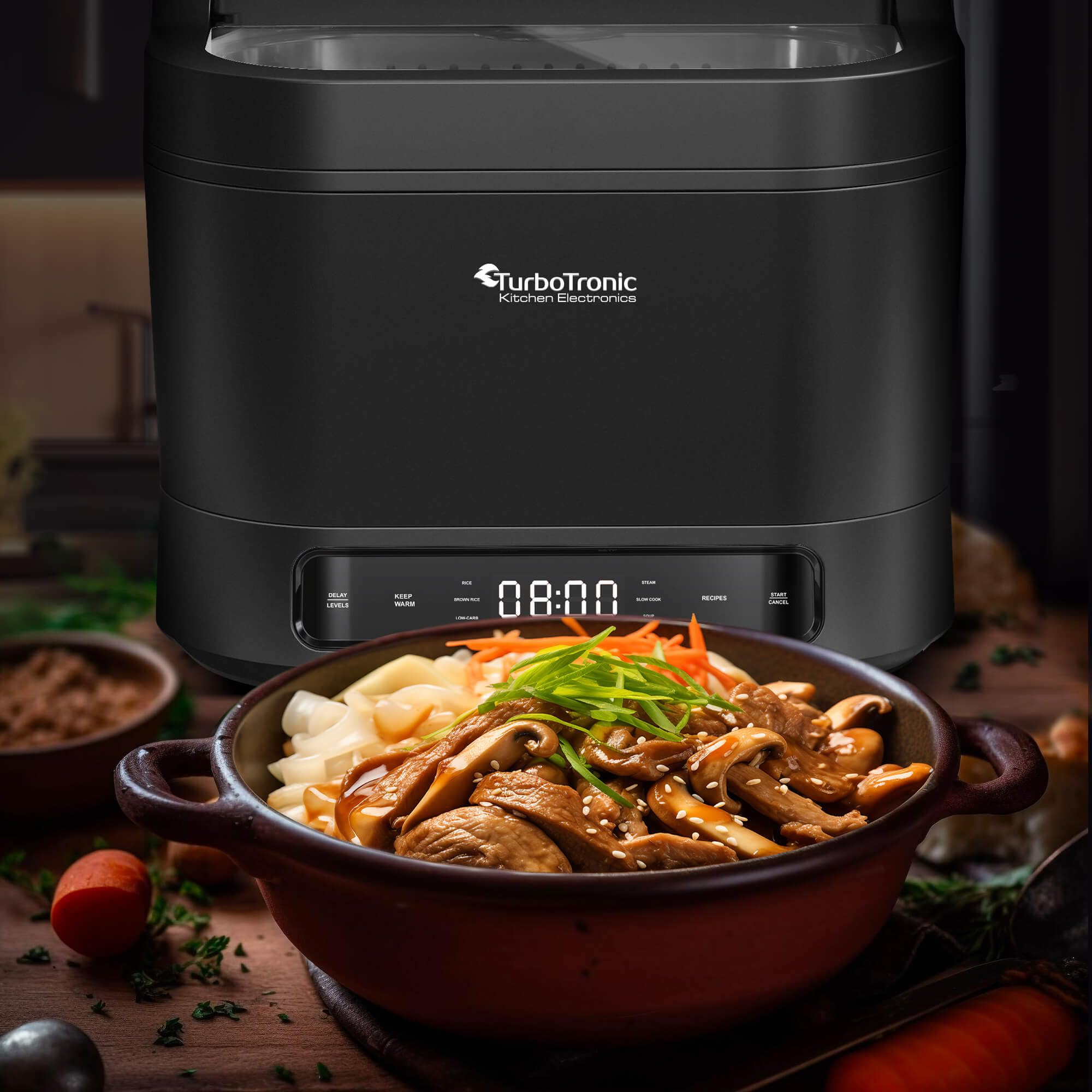 TurboTronic Elektrischer Multikocher 4L Schwarz Dampfkocher, Reiskocher, Slow-Cooker, Küchenmaschine, 1200W, Timer