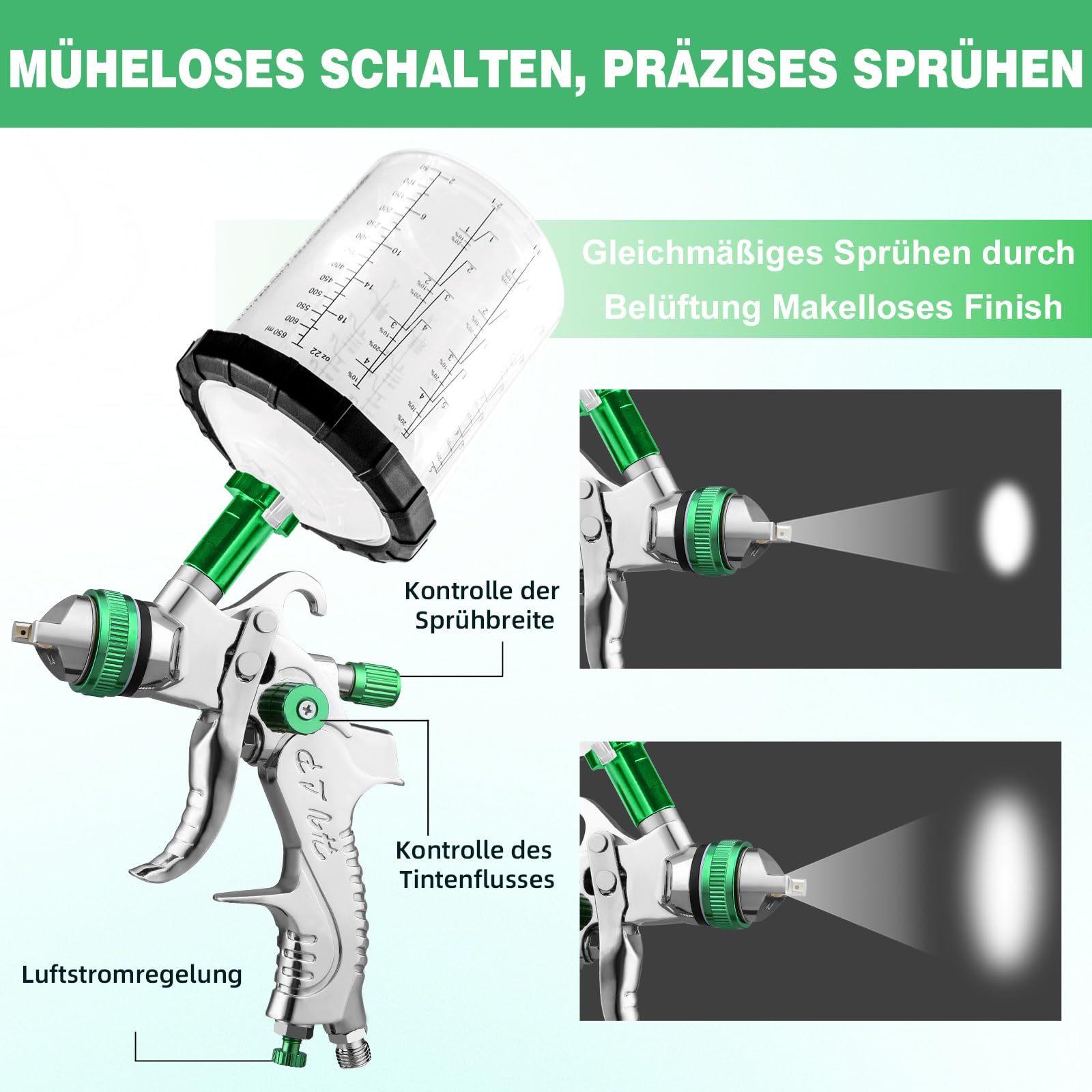 RRJ HVLP Lackierpistole Spritzpistole Kit mit 3 Düsen 1,4/1,7/2,0mm & 20 Unzen (650 ml) Einweg-Farbspritzpistolenbecher, Farbpistole Lackierpistole Druckluft, für Möbel, Wand, Zaun, Türen, DIY (Grün)