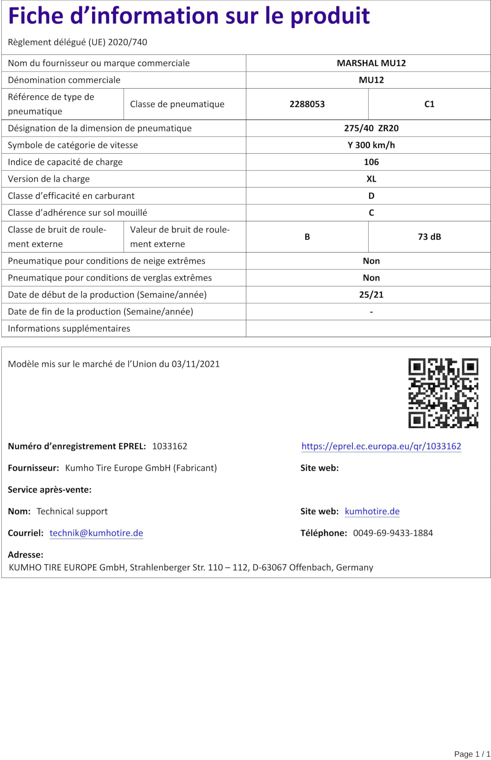 MARSHAL - 275/40 ZR20 TL 106Y MATRAC FX MU12 XL BSW – Pneumatici estivi