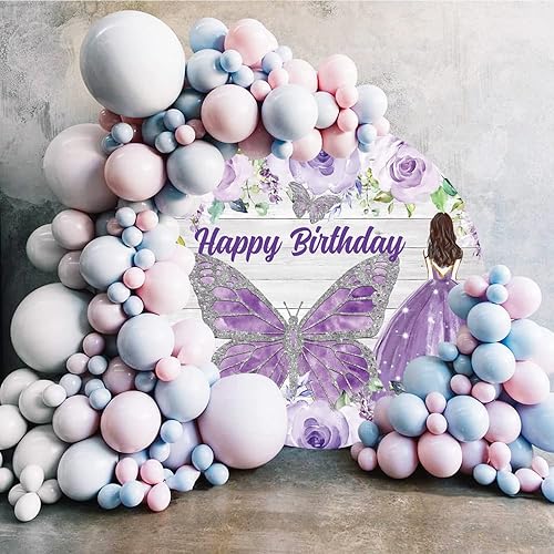 Miniatura 8 de Leyiyi Telón de fondo redondo de 6.5 x 6.5 pies, diseño de flores de acuarela rosa, mariposa, fondo de círculo de madera rústica, para niñas y