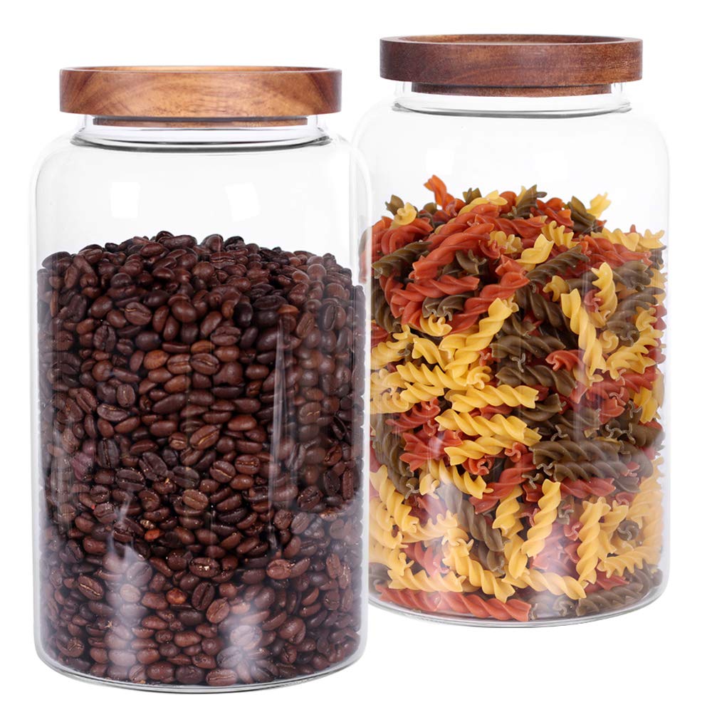 Set di 2 barattoli di vetro grandi con coperchio ermetico, 2750 ml, contenitori per alimenti in vetro con coperchio in legno, adatti per dispensa della cucina, per farina, tè, chicchi di caffè,