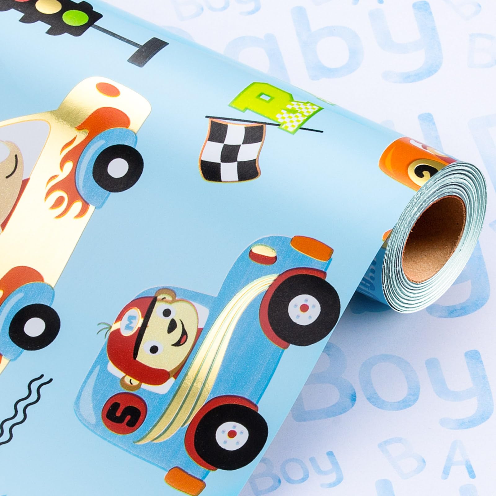 Wikadlik Cute Race Car Wrapping Paper Roll - Blue Baby Boy Words Design Gift Wrap Paper for Kids Birthday, Fathers Day, Graduation - 43cm x 10m โ image 1