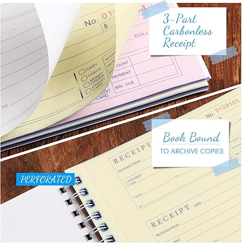 Miniatura 2 de Crtiin Libro de recibos de 10 libros de dinero y alquiler de 3 partes, libro de recibos sin carbono, tapa encuadernada en espiral, libro de registro