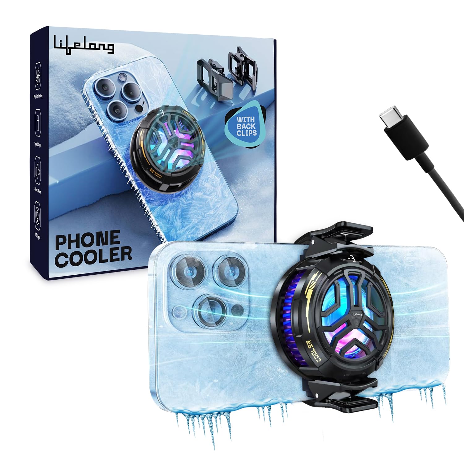 Lifelong Phone Cooler for Gaming | Powerful Semiconductor Technology | Magnetic Attachment For iPhone & Android | Additional Clip | Instant Cooling Fan for Mobile with 3 Speeds | USB Wired | RGB Light (B0DFHFNXQG) Amazon Price History, Amazon Price Tracker