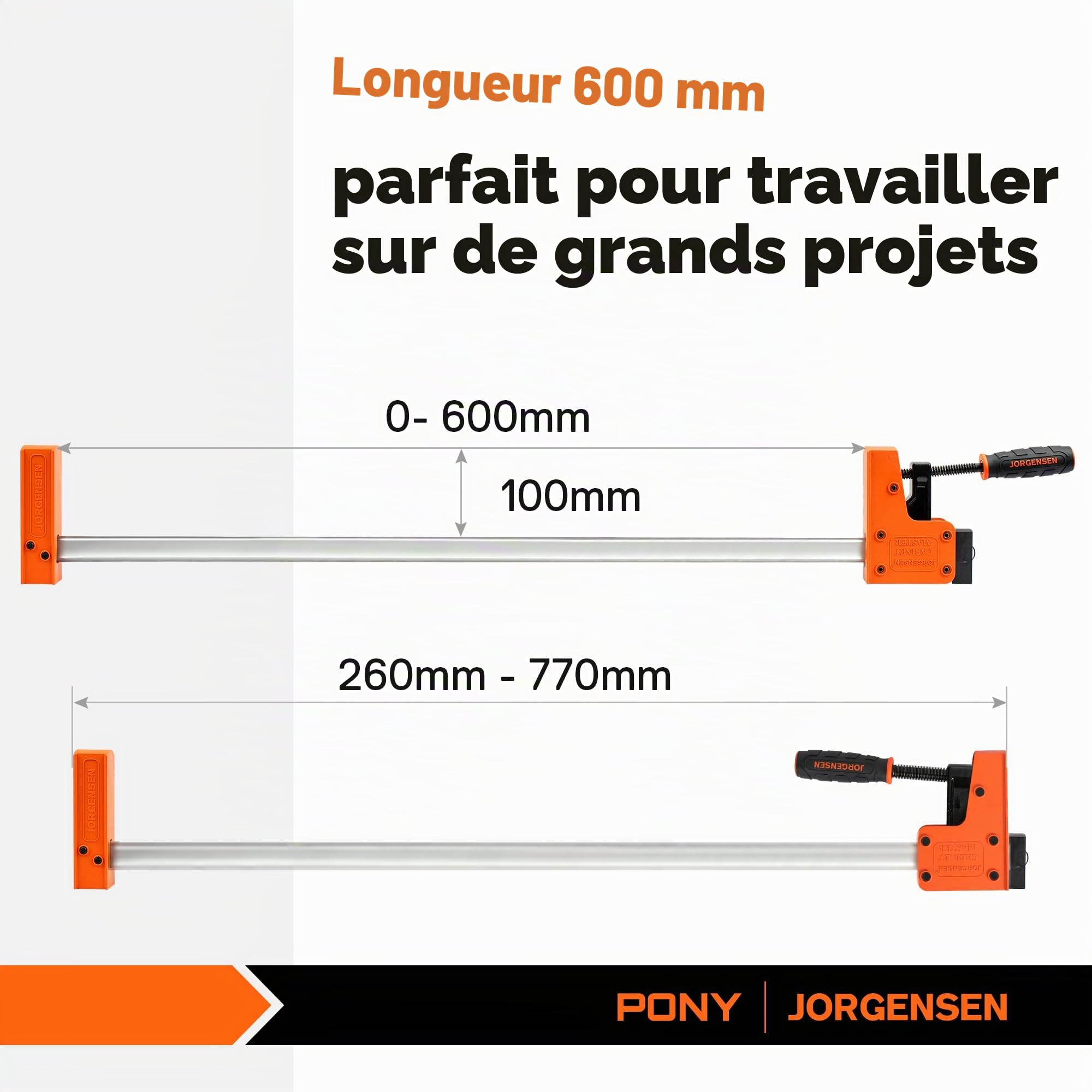JORGENSEN Jeu de 2 Serre-joints à une Main en Acier et Nylon pour une Fixation Précise | Largeur de Serrage de 600 mm, Force de Serrage Maximale de 680 kg, Plage d'Étirement jusqu'à 770 mm