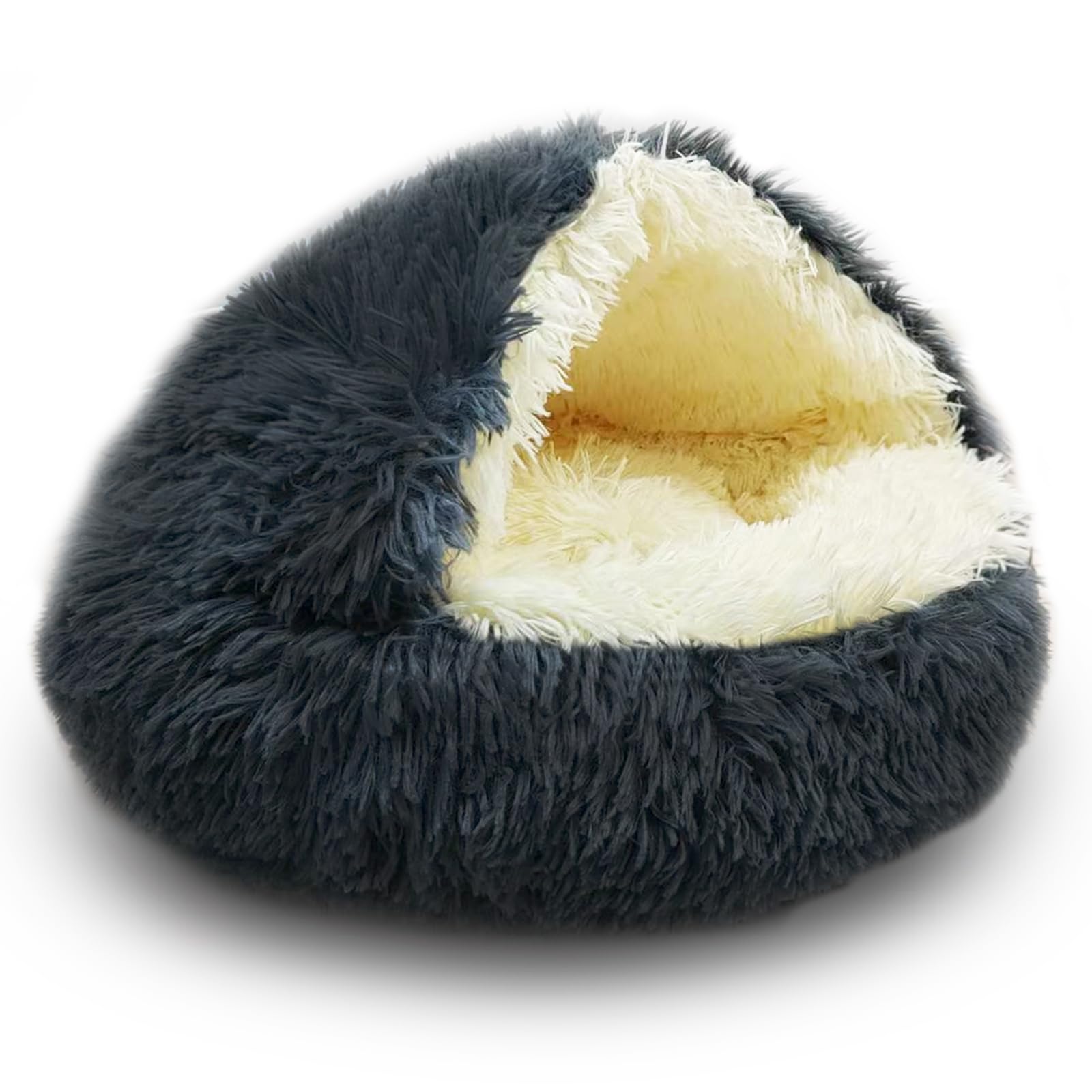 ShinHye Cat Bed Round Plush Fluffy Hooded Cat Bed Cave, Cozy for Indoor Cats or Small Dog beds, Soothing Pet Beds Doughnut Calm Anti-nxiety Dog Bed - Waterproof Bottom Washable (2323inch, Dark Grey)