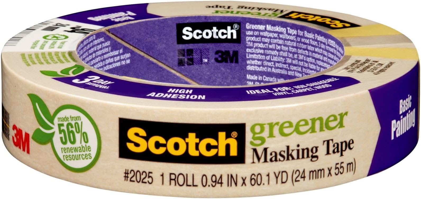 Scotch Painter's Tape 2025-48C General Use Masking Tape for Basic Painting, 1.88 inches by 60 Yards, 2025, 1 roll, 1.88" Width, Tan