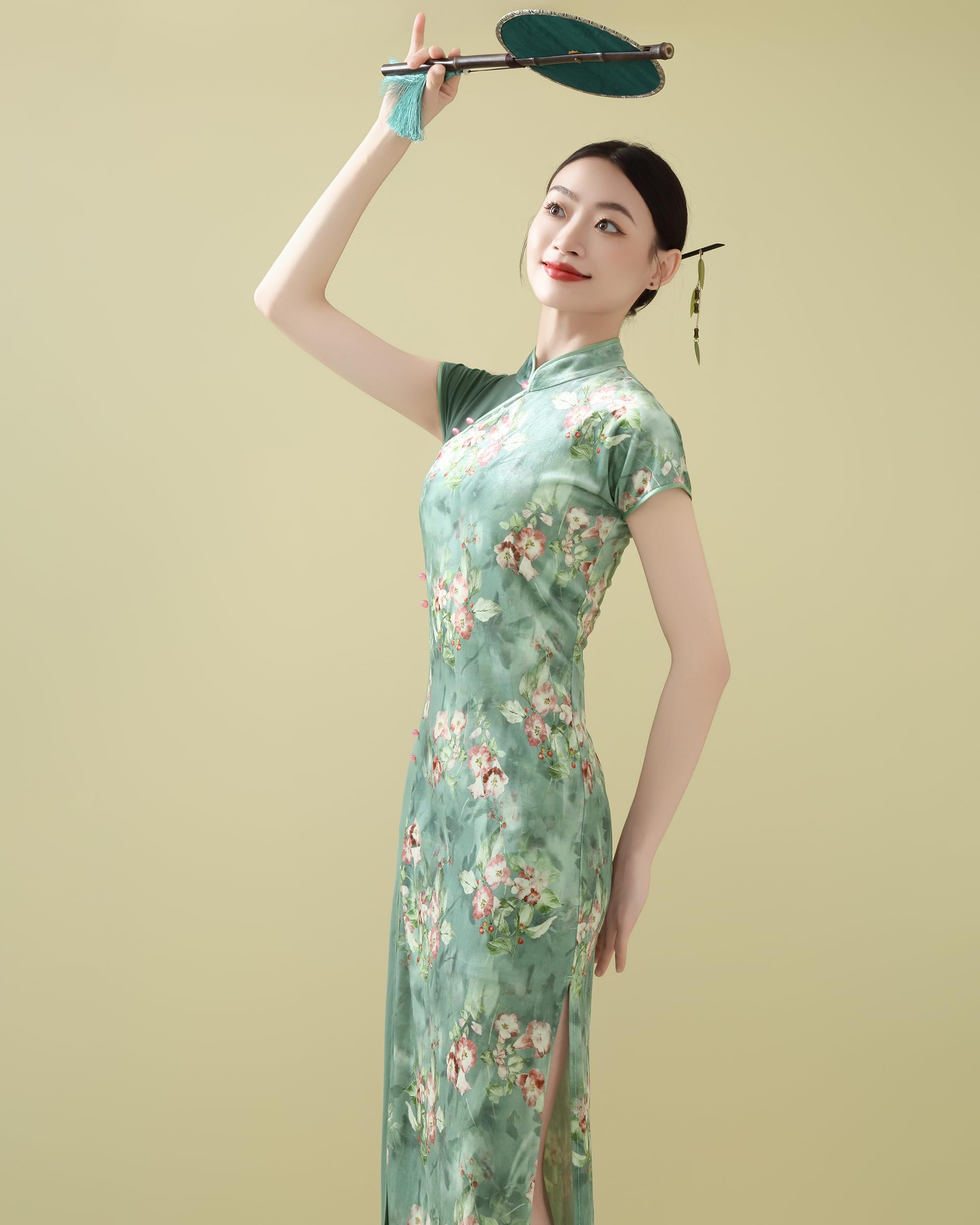 ROYAL SMEELA Robe Cheongsam Longue Femme en Velours,Qipao Chinoise avec Col Mandarin et Manches Courtes