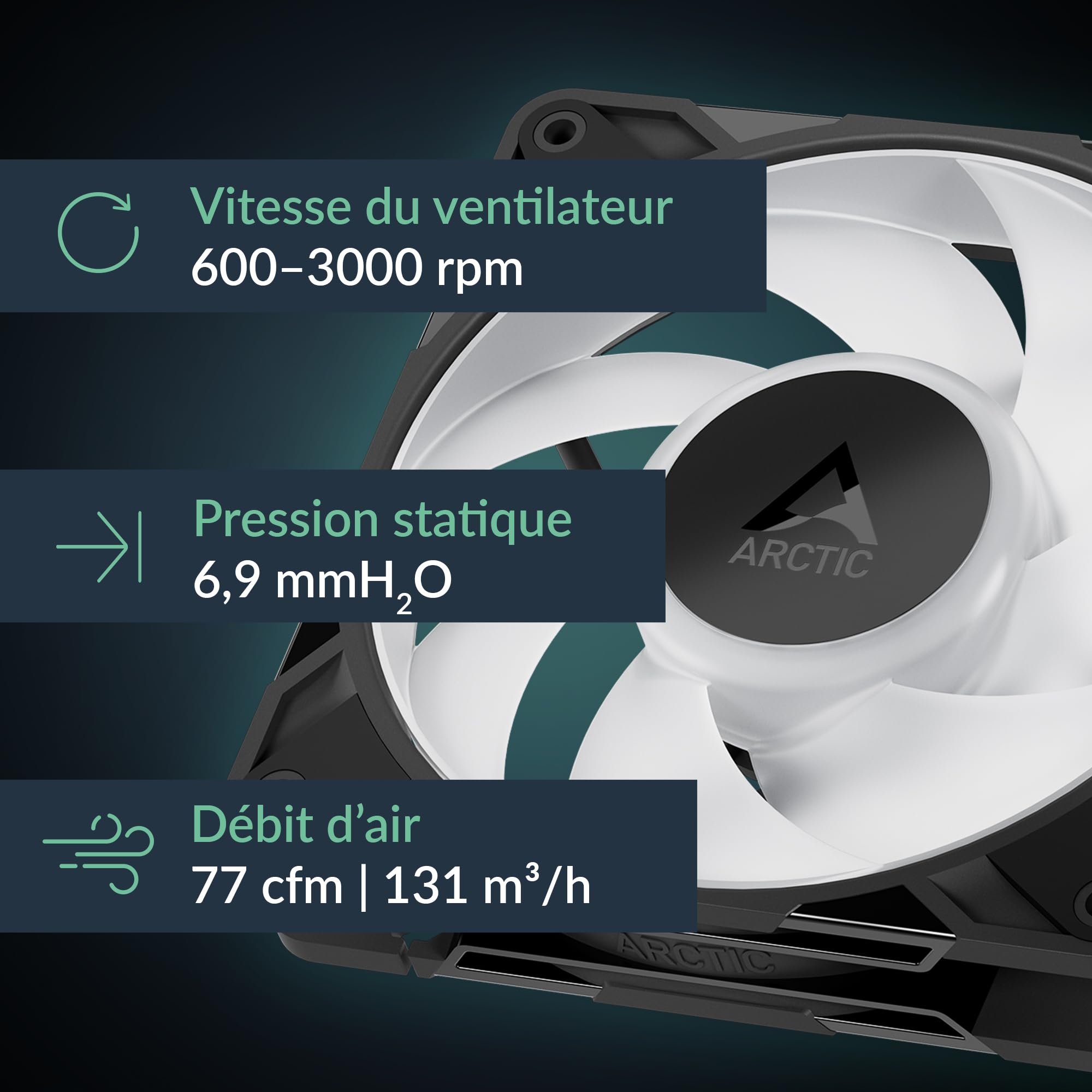 ARCTIC P12 Pro A-RGB (3 Piéces) - Puissant ventilateur premium, Fan PWM 120 mm avec Câble Répartiteur en Y, 600-3000 rpm, 0 rpm <5% PWM, 5V Digital RGB, Palier à dynamiqu fluides, 4 Broches - Noir