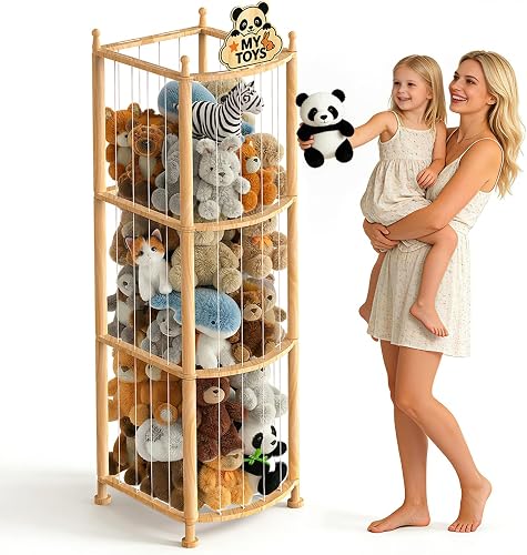 PPJOKERBOY Stuffed Animal Zoo Storage Tower - Solid Pine Wood Organizer with Elastic Cords for Kids Bedroom & Playroom