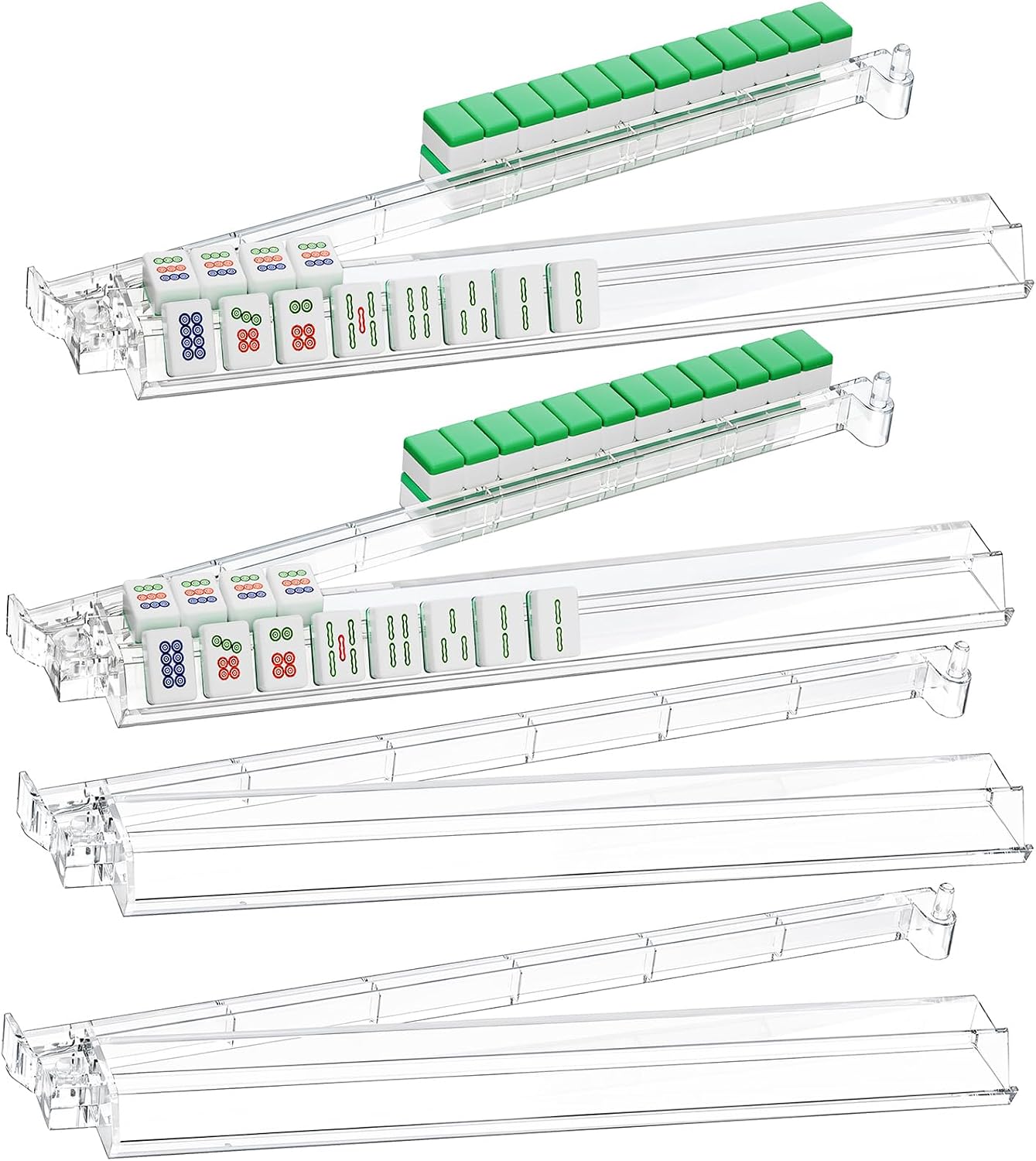 18.5" Mahjong Racks with Pushers, All-in-One for Standard Mahjong Tiles | Integrated molded tile racks with pushers, great for home games & practice, ideal mahjong gift for all players (4 Pack)