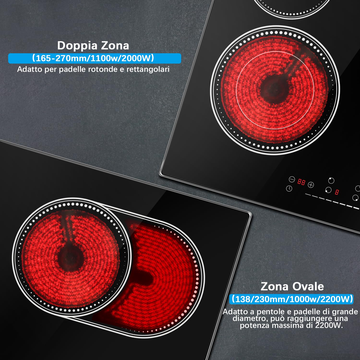 DELITEER, Piano Cottura Vetroceramica a 4 Zone, Piano Cottura Elettrico da 6600W con Struttura in Metallo, Zona Flessibile