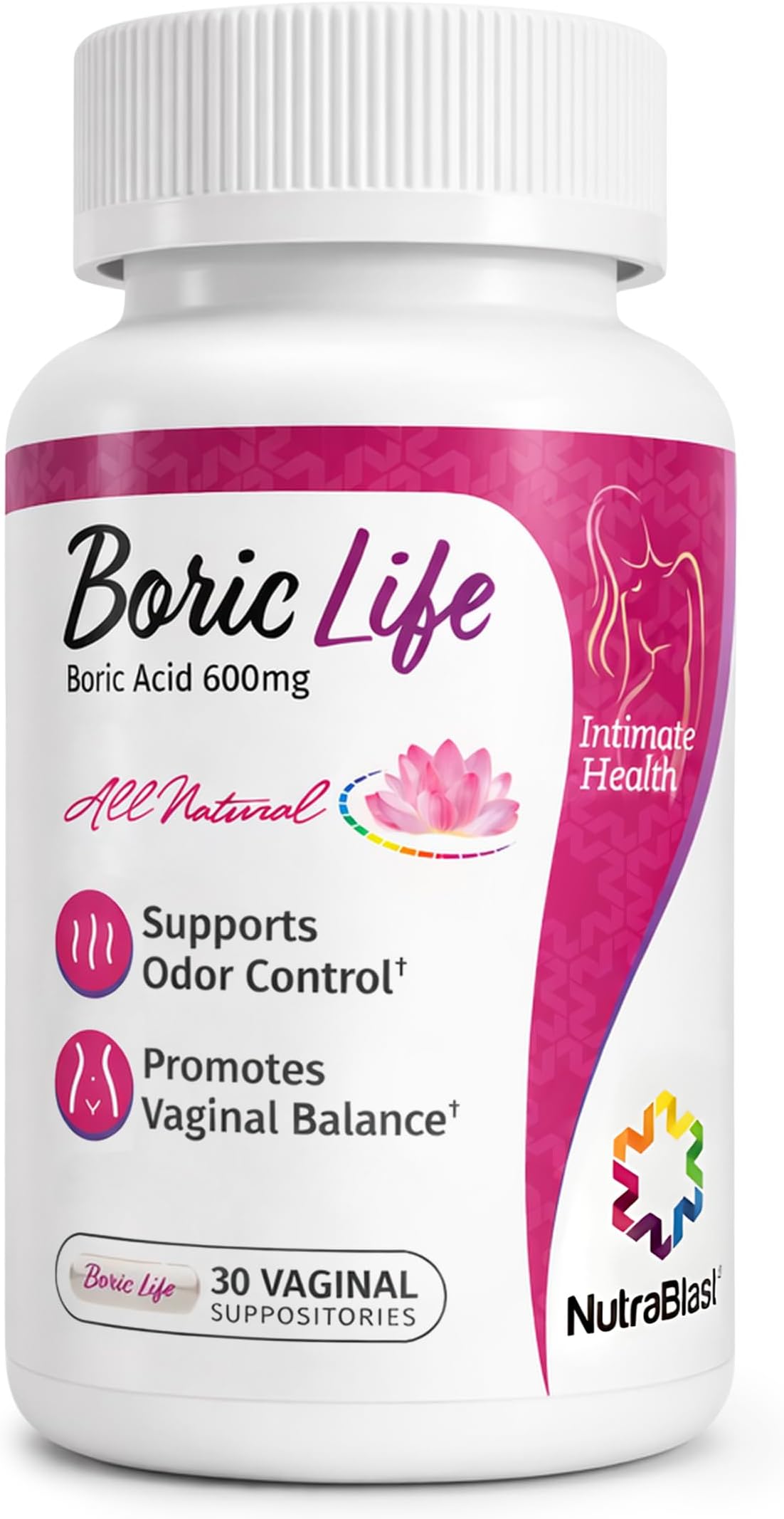 NutraBlast Boric Acid Vaginal Suppositories - 30 Count, 600mg - Boric Life Intimate Health Support