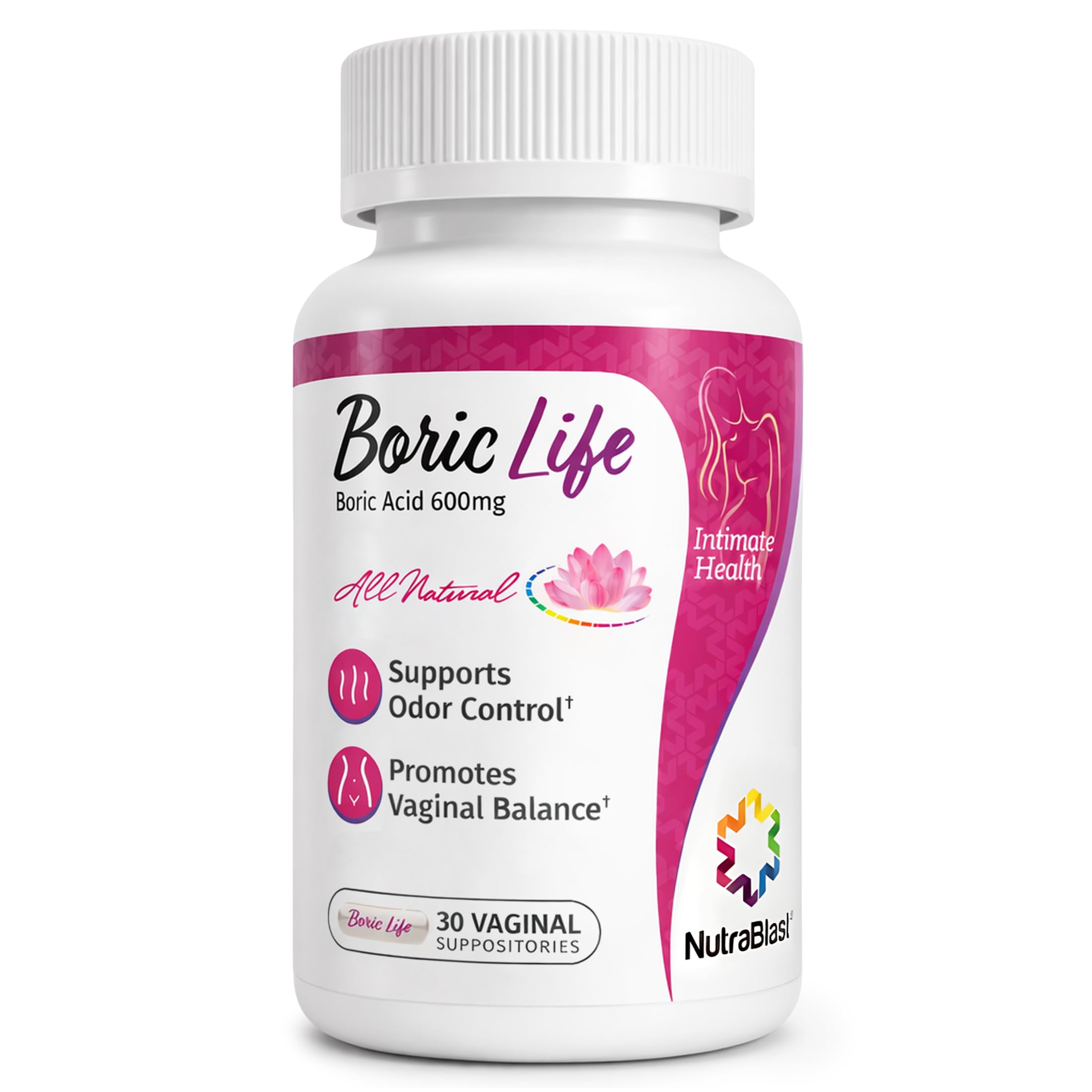 NutraBlast Boric Acid Vaginal Suppositories - 30 Count, 600mg - Boric Life Intimate Health Support