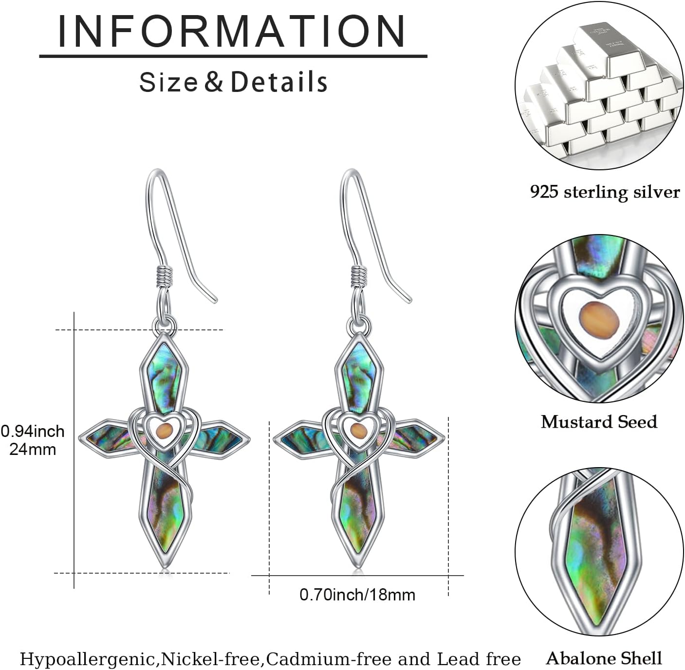 Mountain Mustard Seed Earrings for Women 925 Sterling Silver Abalone Shell Cross Dangle Drop Earring Christian Jewelry Outdoor Birthday Gifts - Image 6