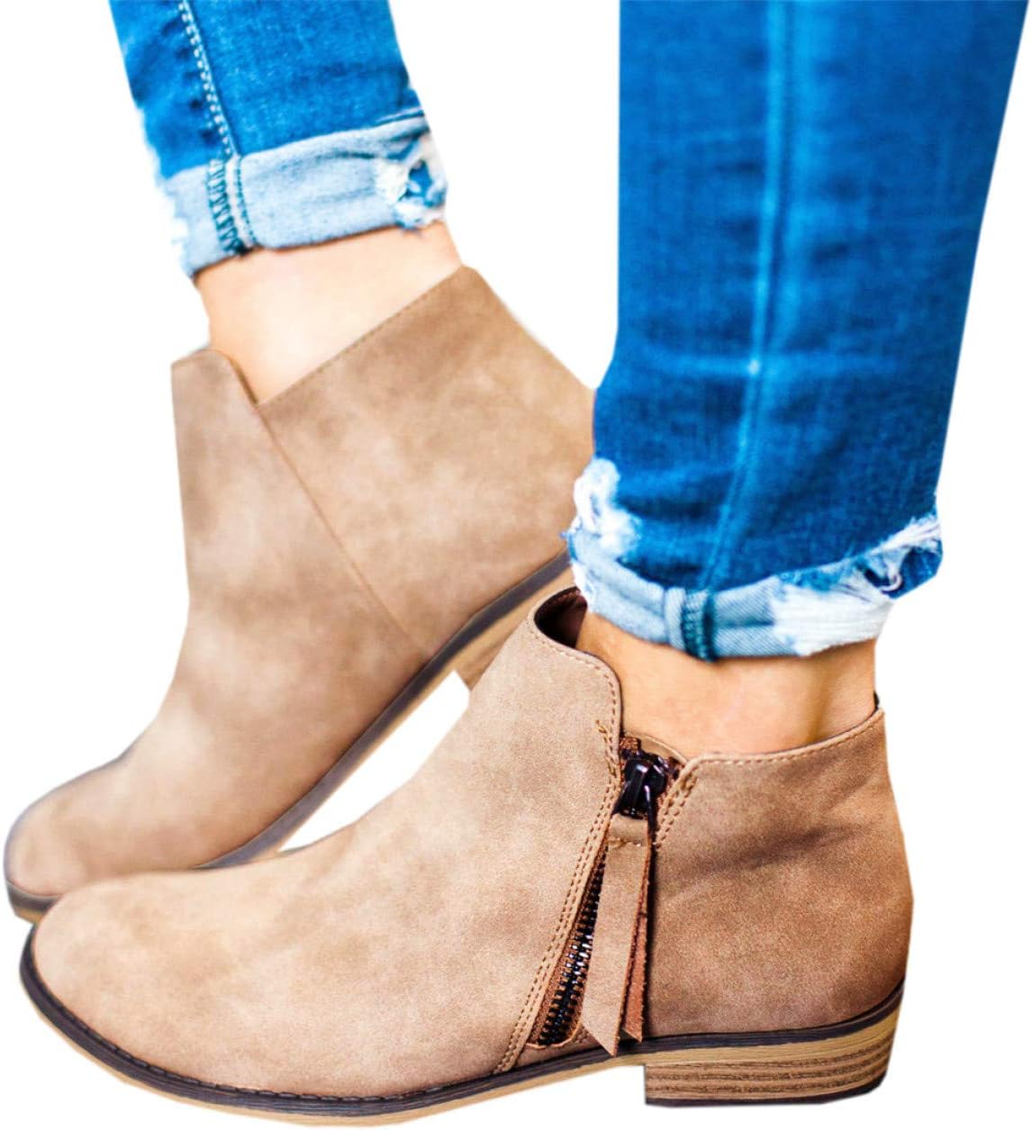 Womens Ankle Boots Round Toe Faux Leather Stacked Low Heel Side Zipper Winter Booties