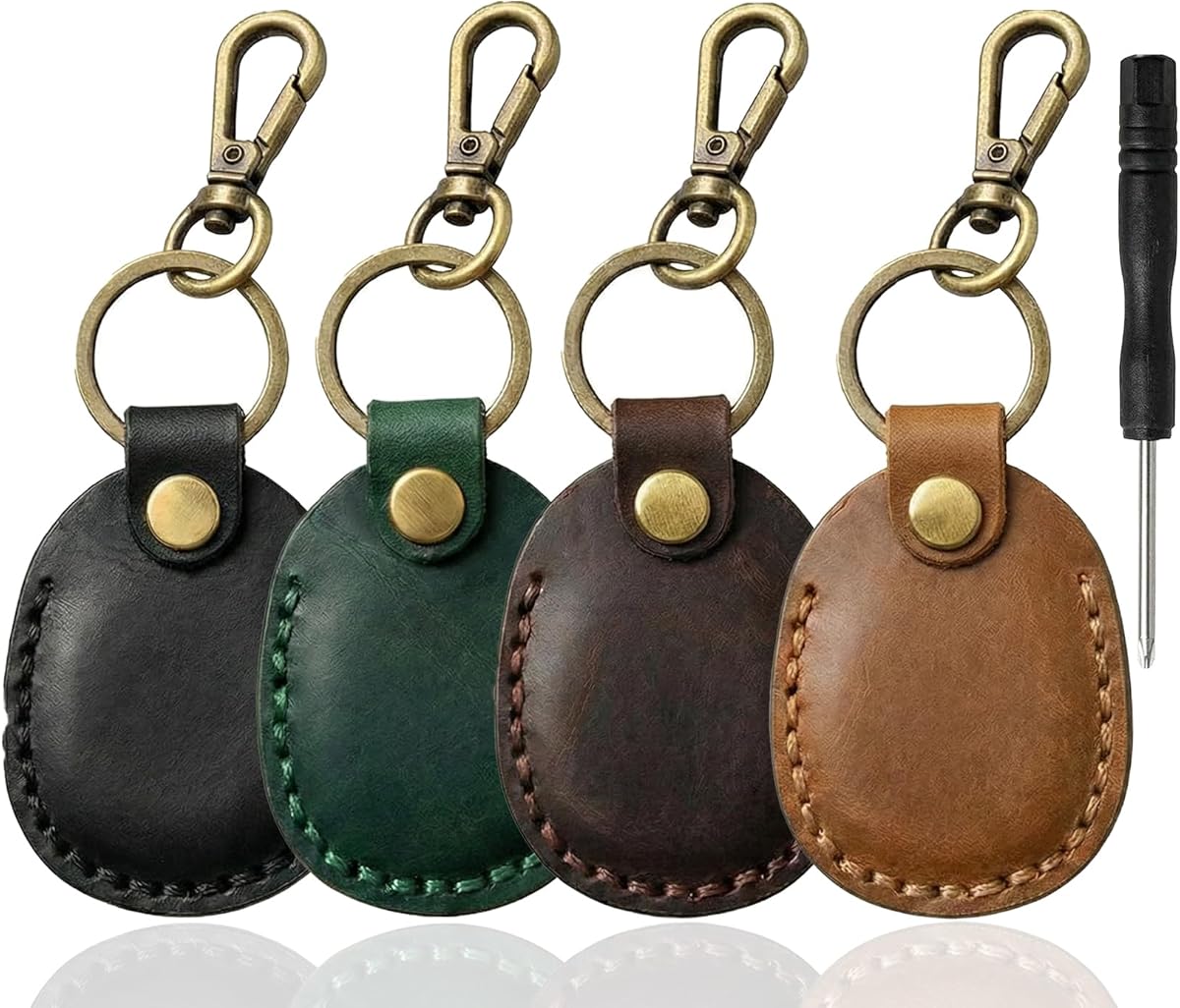 Timyca for Airtag Holder Keychain-Genuine Leather for Airtag Keychain Holder 4 Pack,Handmade for Air Tag Case Scratch-Resistant Leather Key Chain Ring Compatible for Airtag,Dog Collar,Luggage
