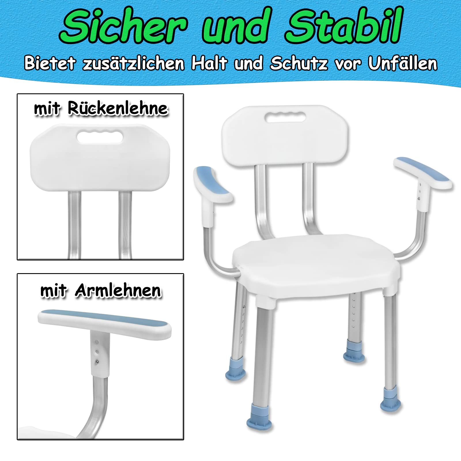 Froadp Duschhocker Duschstuhl Anti-Rutsch Badhocker mit Verstellbaren Armlehnen & Rückenlehne Badestuhl Duschsitz Badsitz Duschhilfe für Senioren Behinderte und Schwangere Tragfähigkeit 150kg (Typ B)