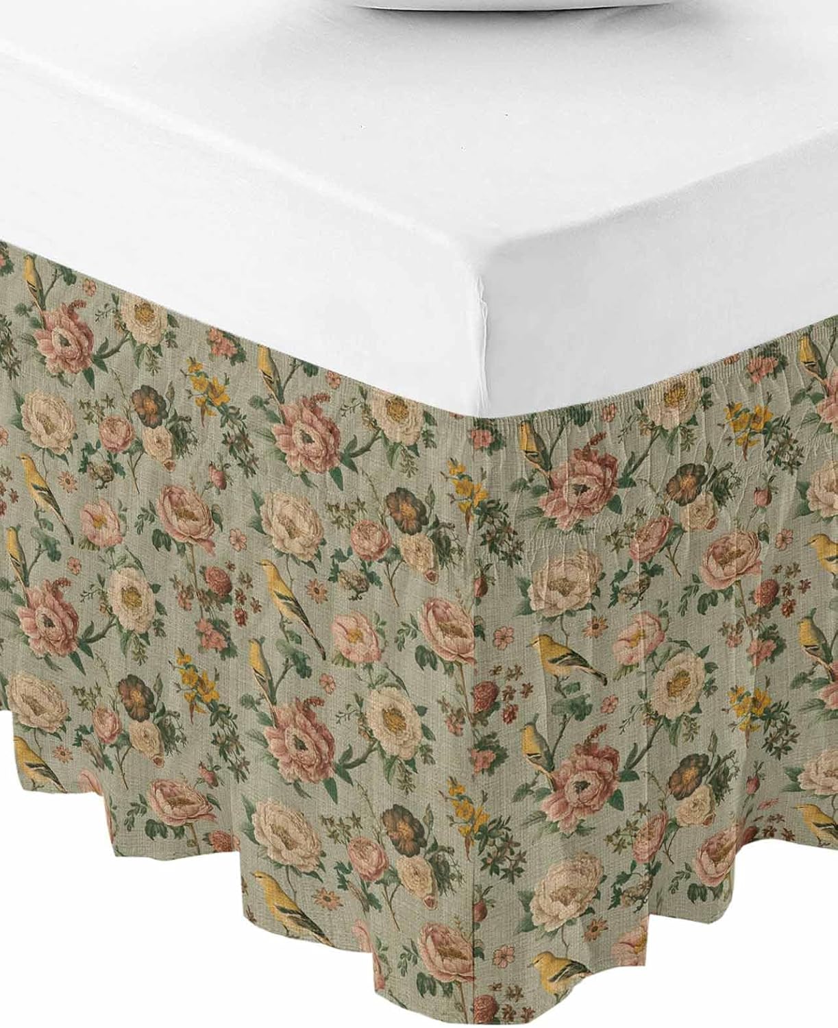 Vintage Spring Floral Bed Skirt Queen Size 16 Inch Drop, Adjustable Elastic Bedskirt Dust Ruffle for Queen Bed, Farmhouse Flowers Green Vintage Wrap Around Bed Skirts Luxurious Pleated Bed Frame Cover